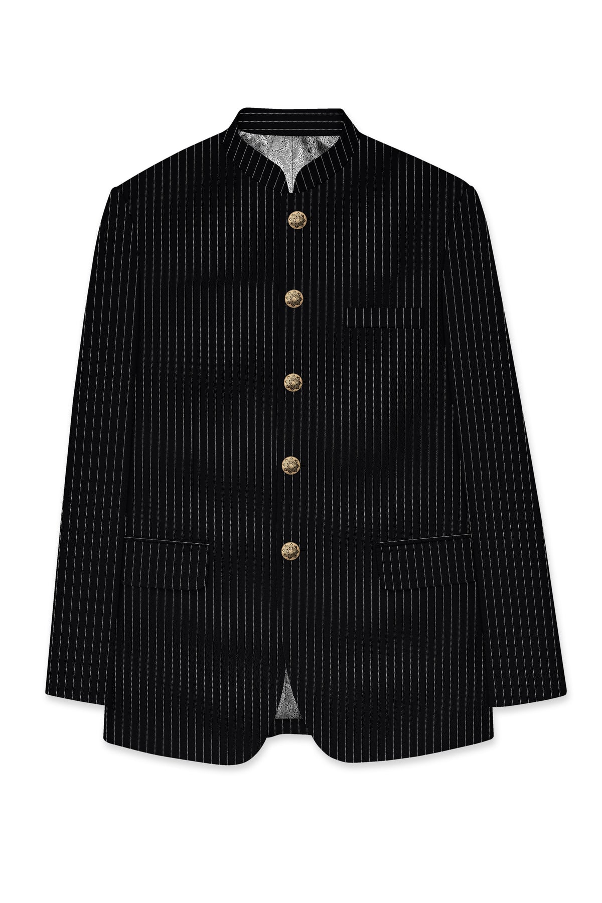 Gravitas-Jade Black And Bright White Chalk Striped Wool Rich Wrinkle-Free Fluid Drape Fabric Bandhgala Suit