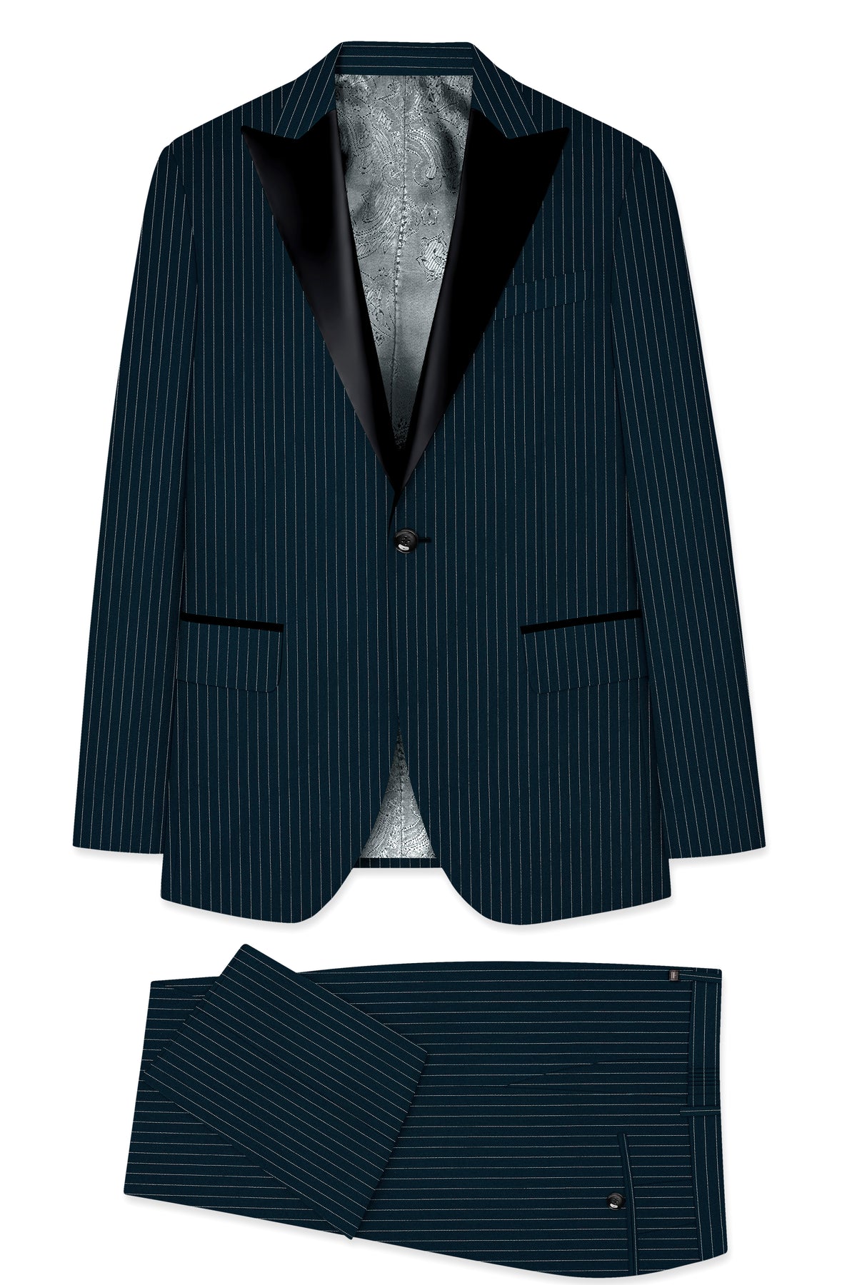 Zenith-Imperial Teal And Bright White Chalk Striped Wool Rich Wrinkle-Free Fluid Drape Fabric Peak Lapel Tuxedo Suit