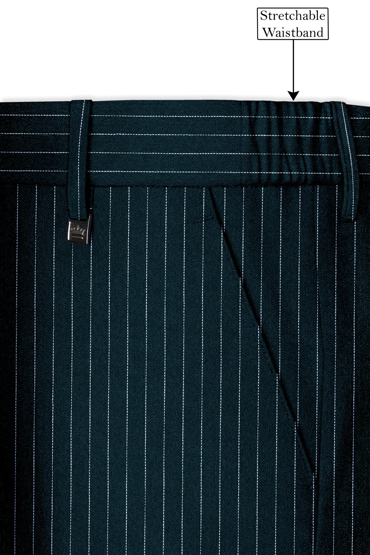 Zenith-Imperial Teal And Bright White Chalk Striped Wool Rich Wrinkle-Free Fluid Drape Fabric Peak Lapel Tuxedo Suit