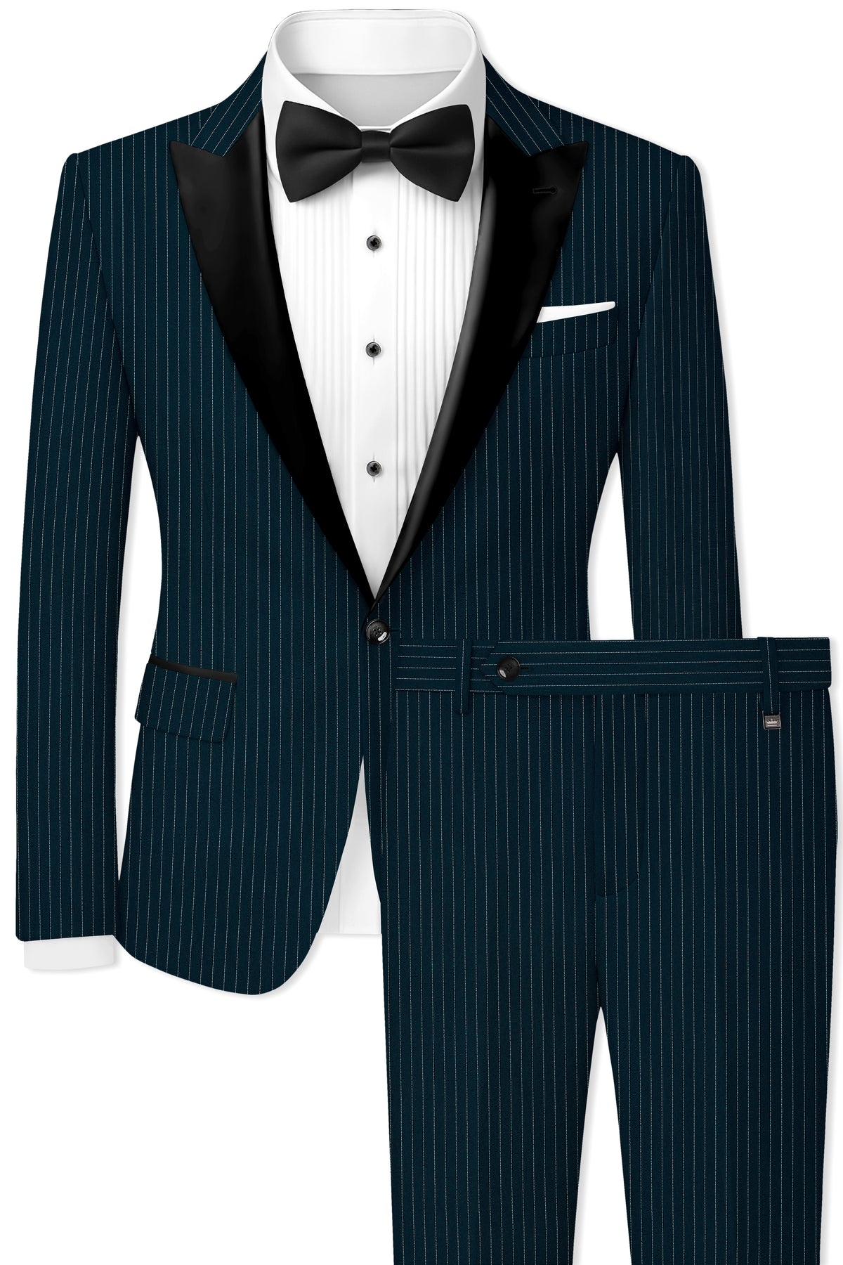 Zenith-Imperial Teal And Bright White Chalk Striped Wool Rich Wrinkle-Free Fluid Drape Fabric Peak Lapel Tuxedo Suit