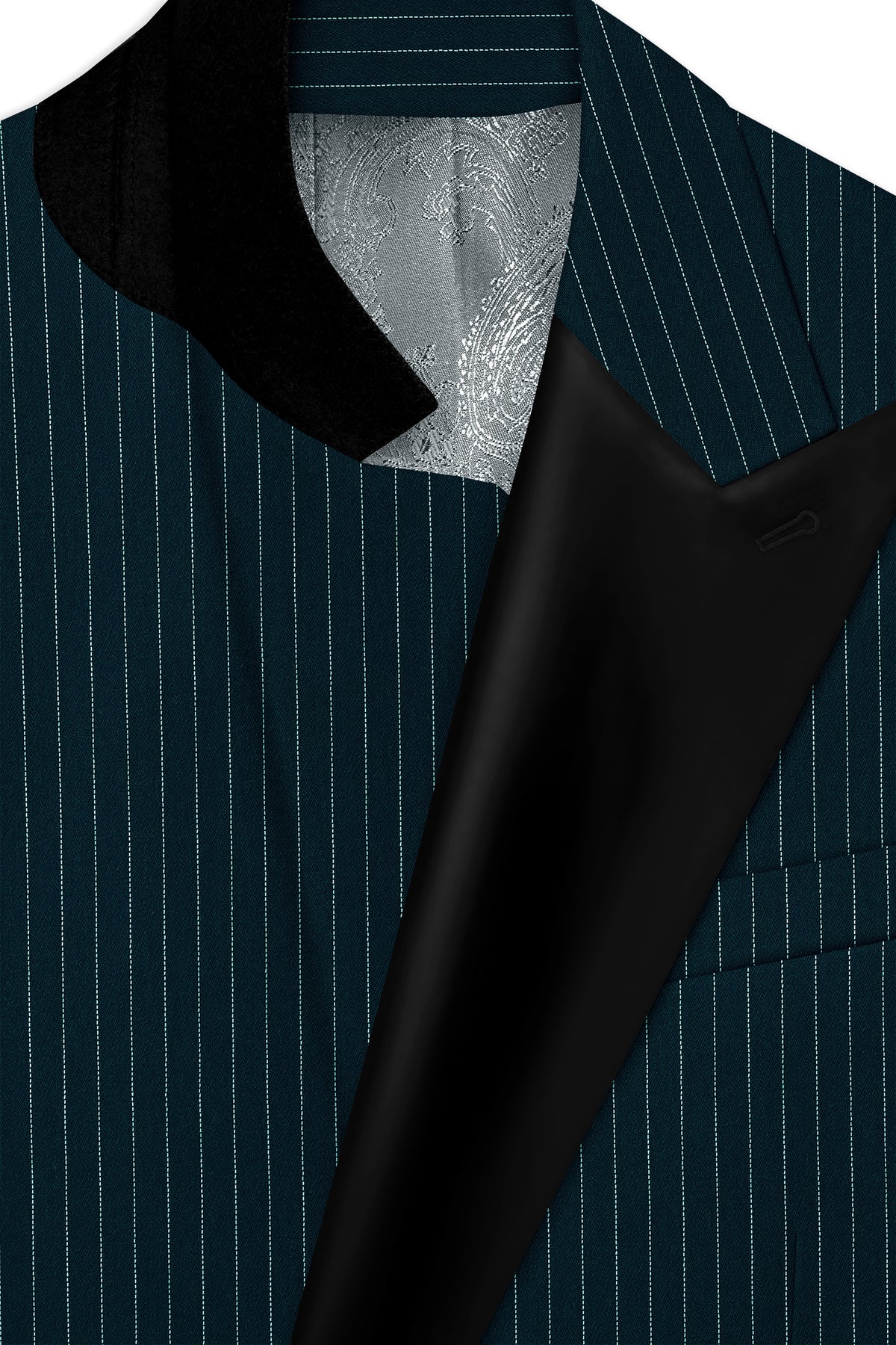 Zenith-Imperial Teal And Bright White Chalk Striped Wool Rich Wrinkle-Free Fluid Drape Fabric Peak Lapel Tuxedo Suit