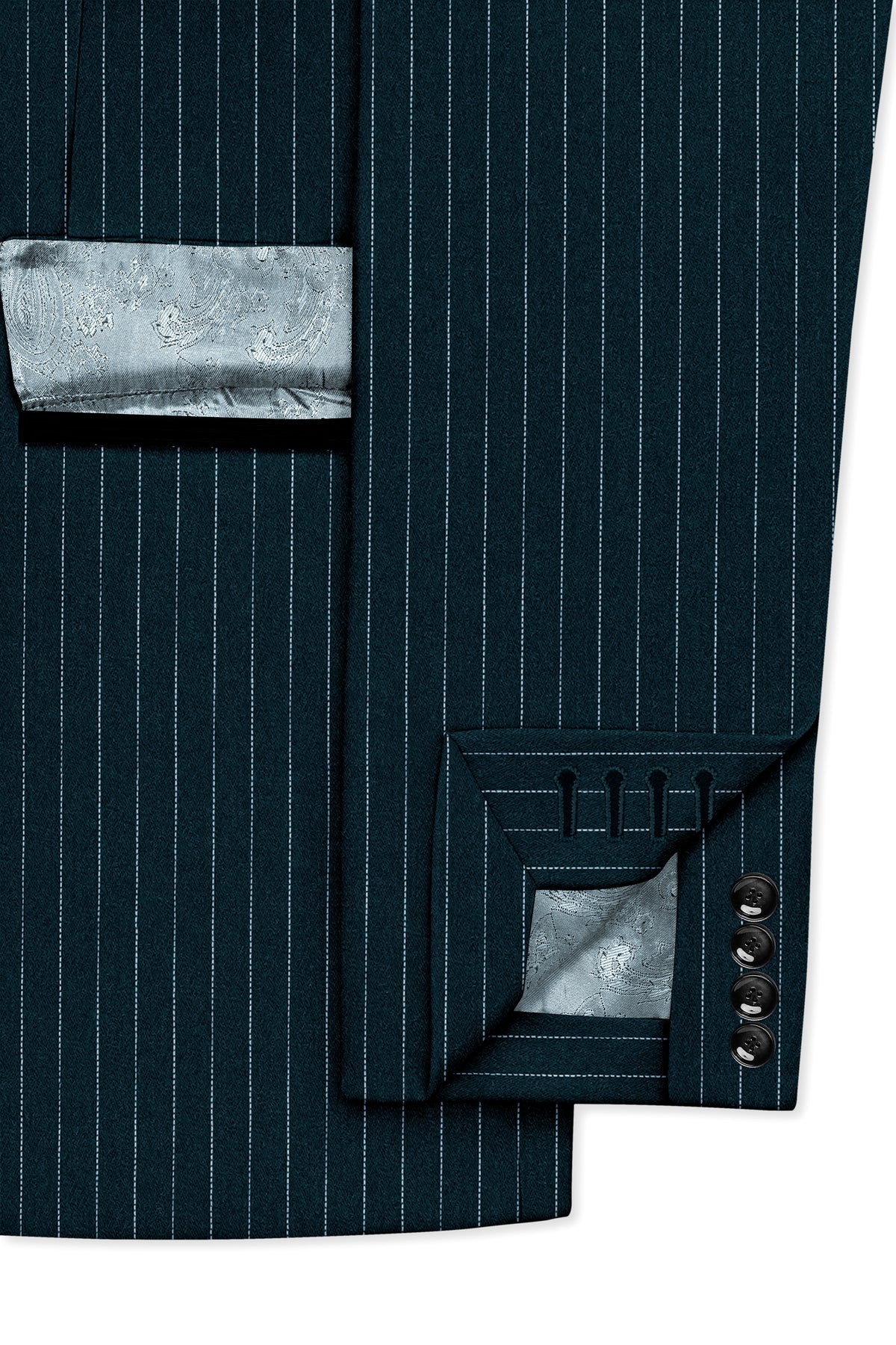 Zenith-Imperial Teal And Bright White Chalk Striped Wool Rich Wrinkle-Free Fluid Drape Fabric Peak Lapel Tuxedo Suit