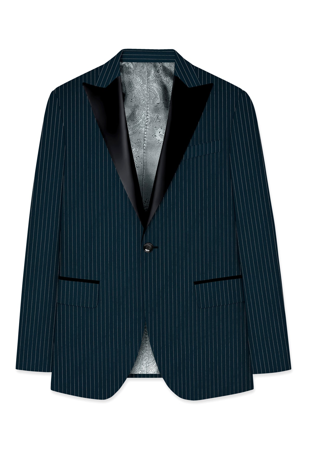 Zenith-Imperial Teal And Bright White Chalk Striped Wool Rich Wrinkle-Free Fluid Drape Fabric Peak Lapel Tuxedo Suit