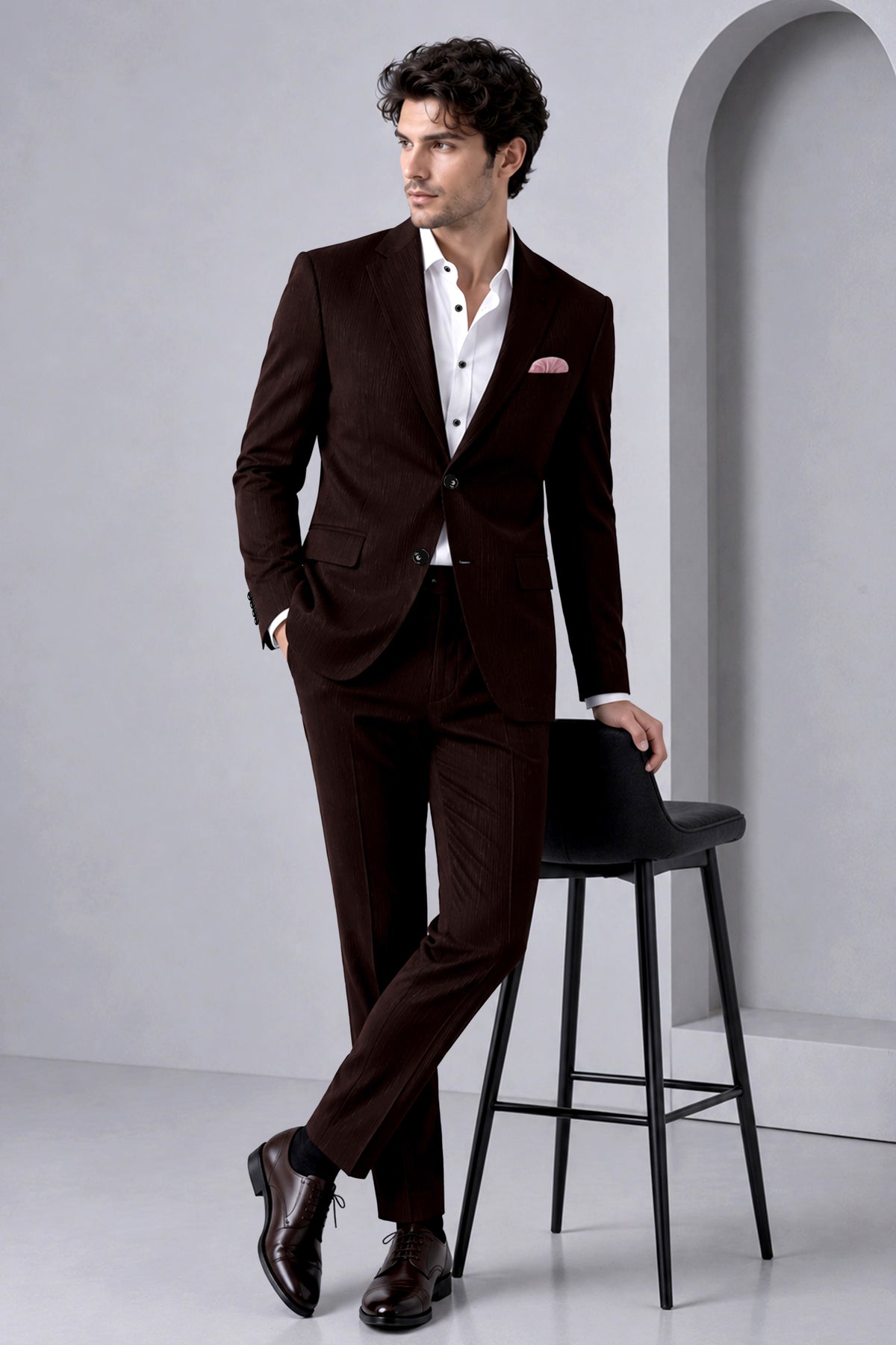 Terrano-Creole Brown Diamond Textured Wool Rich Slight Stretch Single Breasted Suit