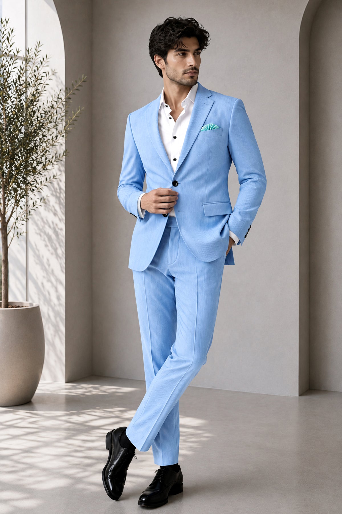 Cobalt-Jordy Blue Diamond Textured Wool Rich Slight Stretch Single Breasted Suit