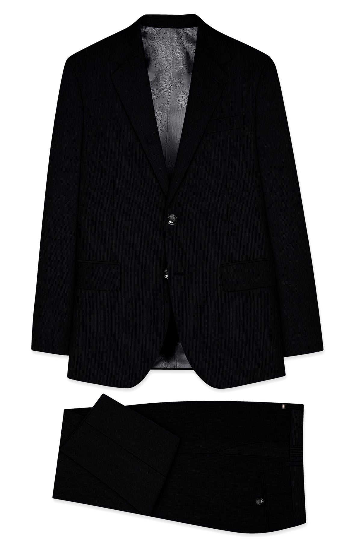 Onyx-Jade Black Diamond Textured Wool Rich Slight Stretch Single Breasted Suit