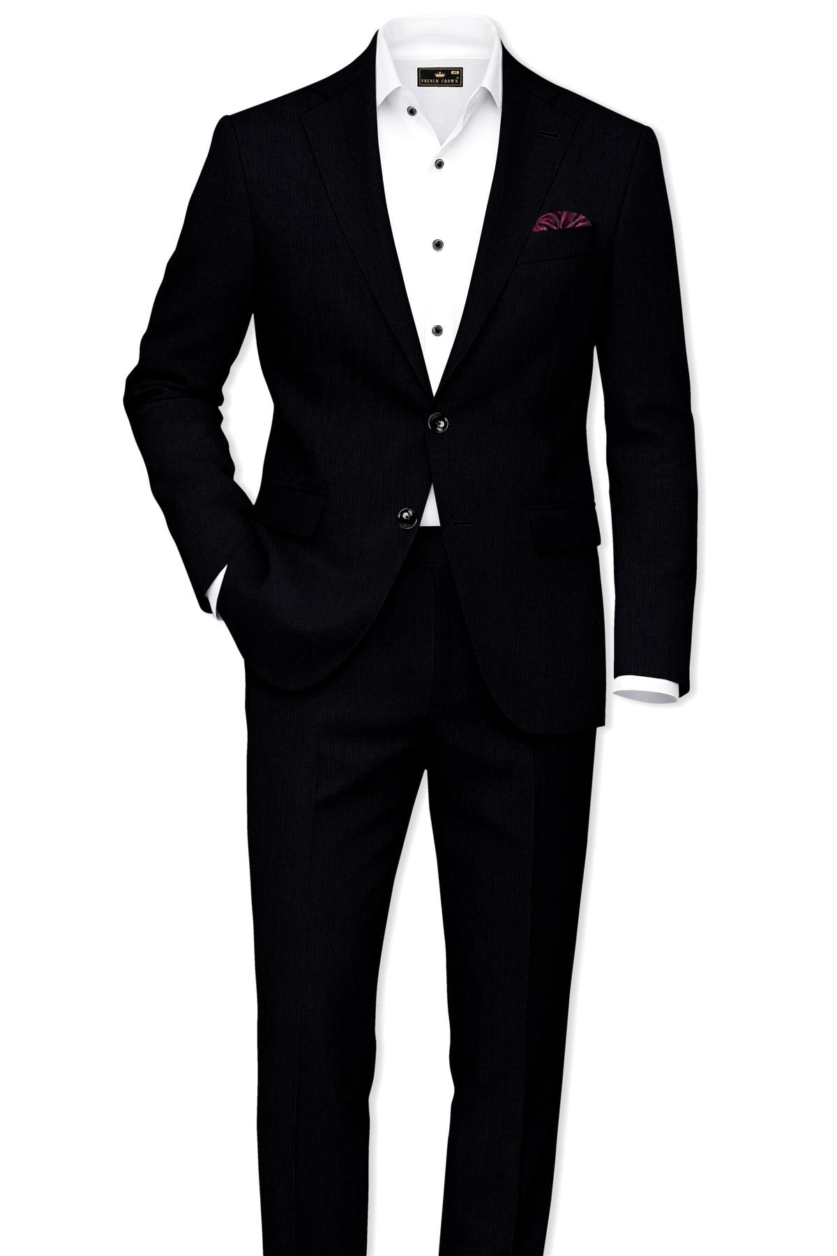 Onyx-Jade Black Diamond Textured Wool Rich Slight Stretch Single Breasted Suit