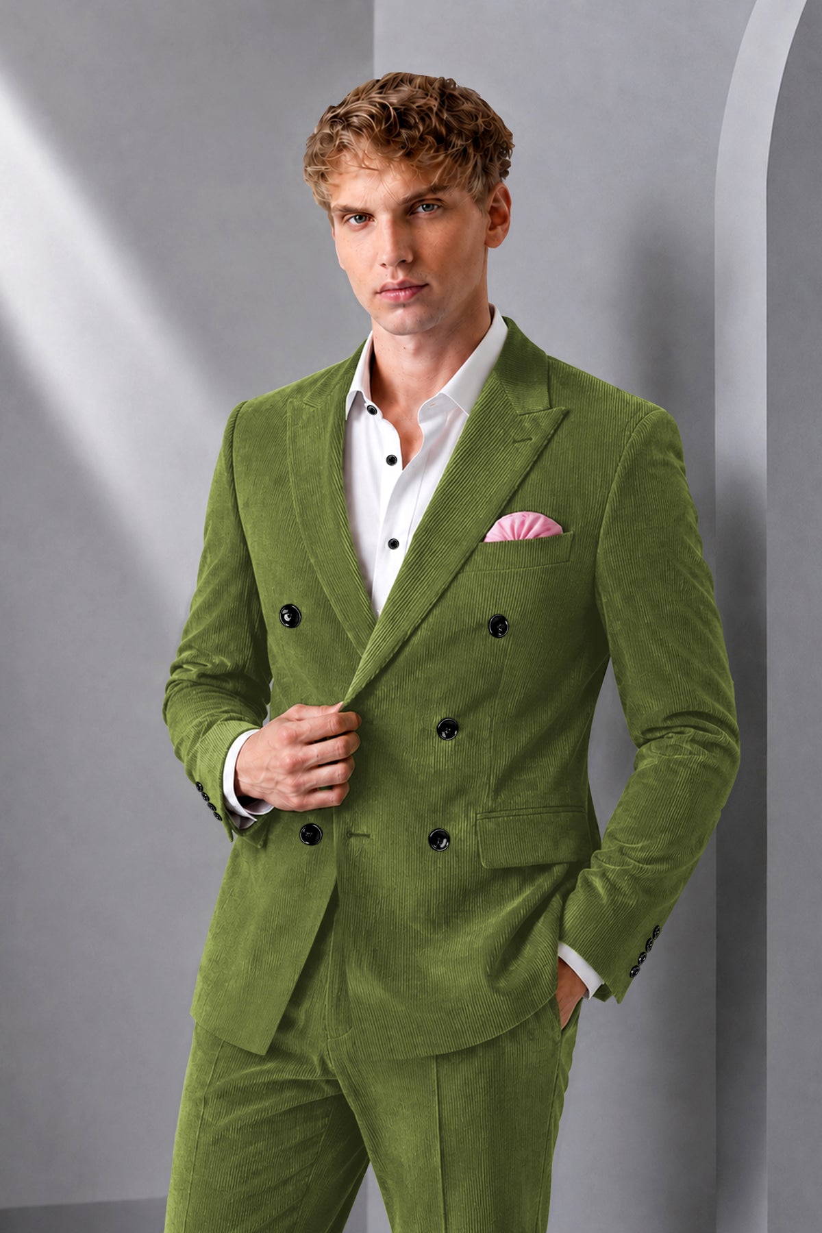 Hunter-Muddy Green Diamond Textured Wool Rich Slight Stretch Double Breasted Suit