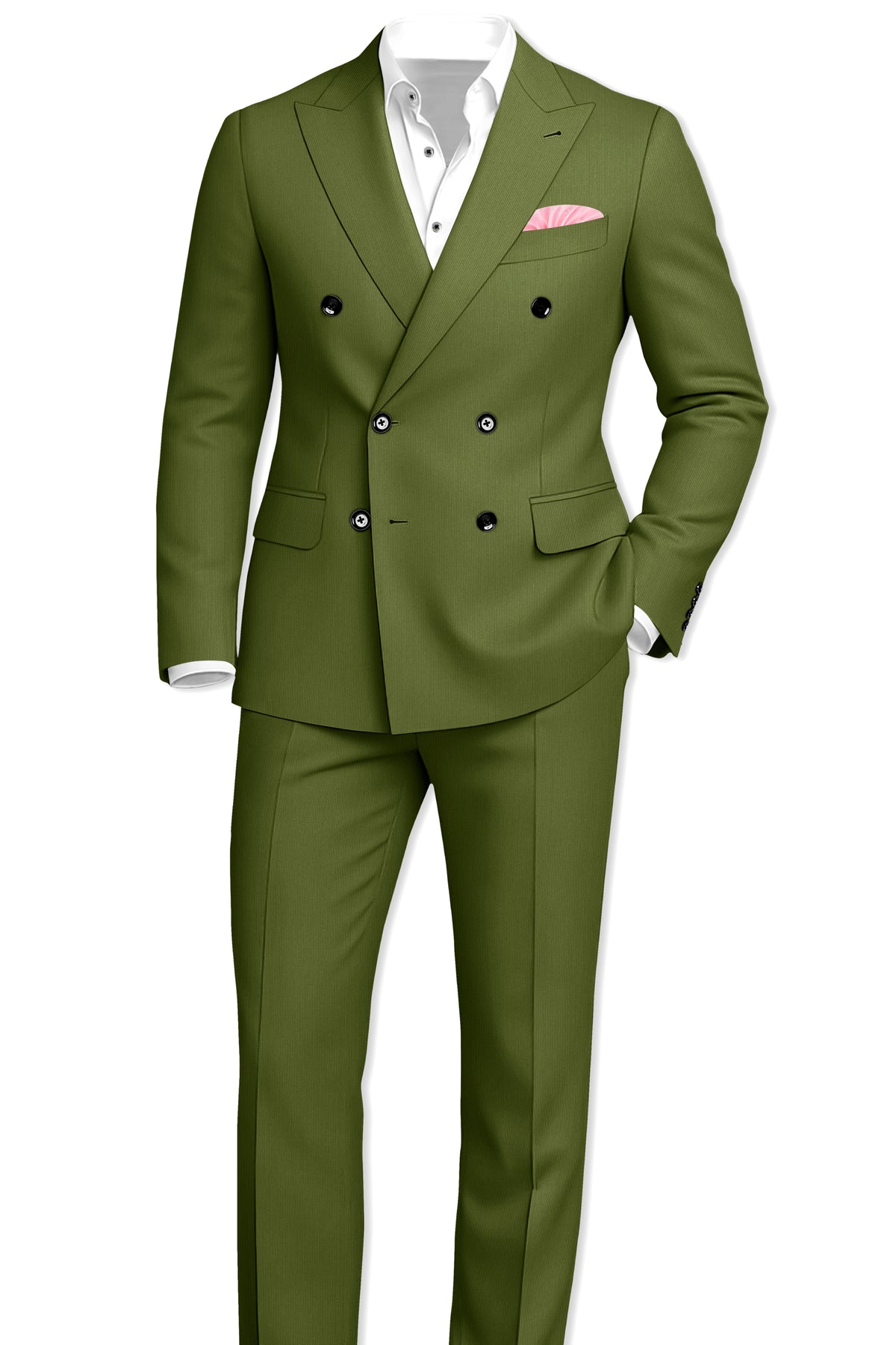 Hunter-Muddy Green Diamond Textured Wool Rich Slight Stretch Double Breasted Suit