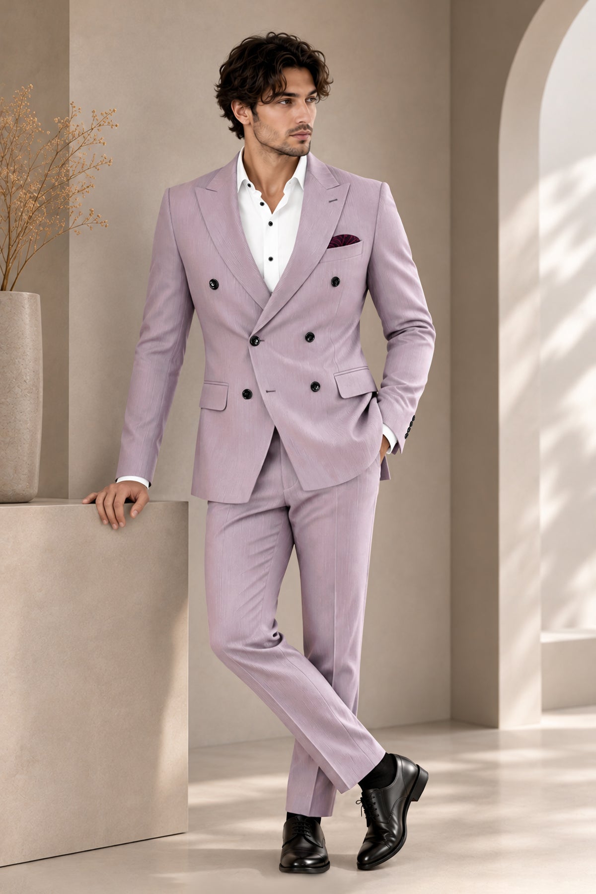 Celeste-Martini Pink Diamond Textured Wool Rich Slight Stretch Double Breasted Suit