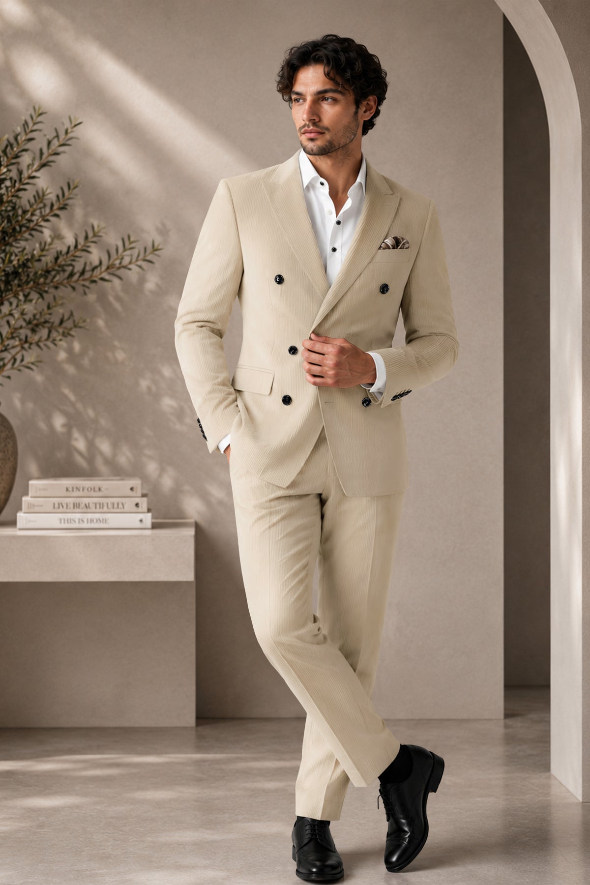 Ivoria-Vanilla Cream Diamond Textured Wool Rich Slight Stretch Double Breasted Suit
