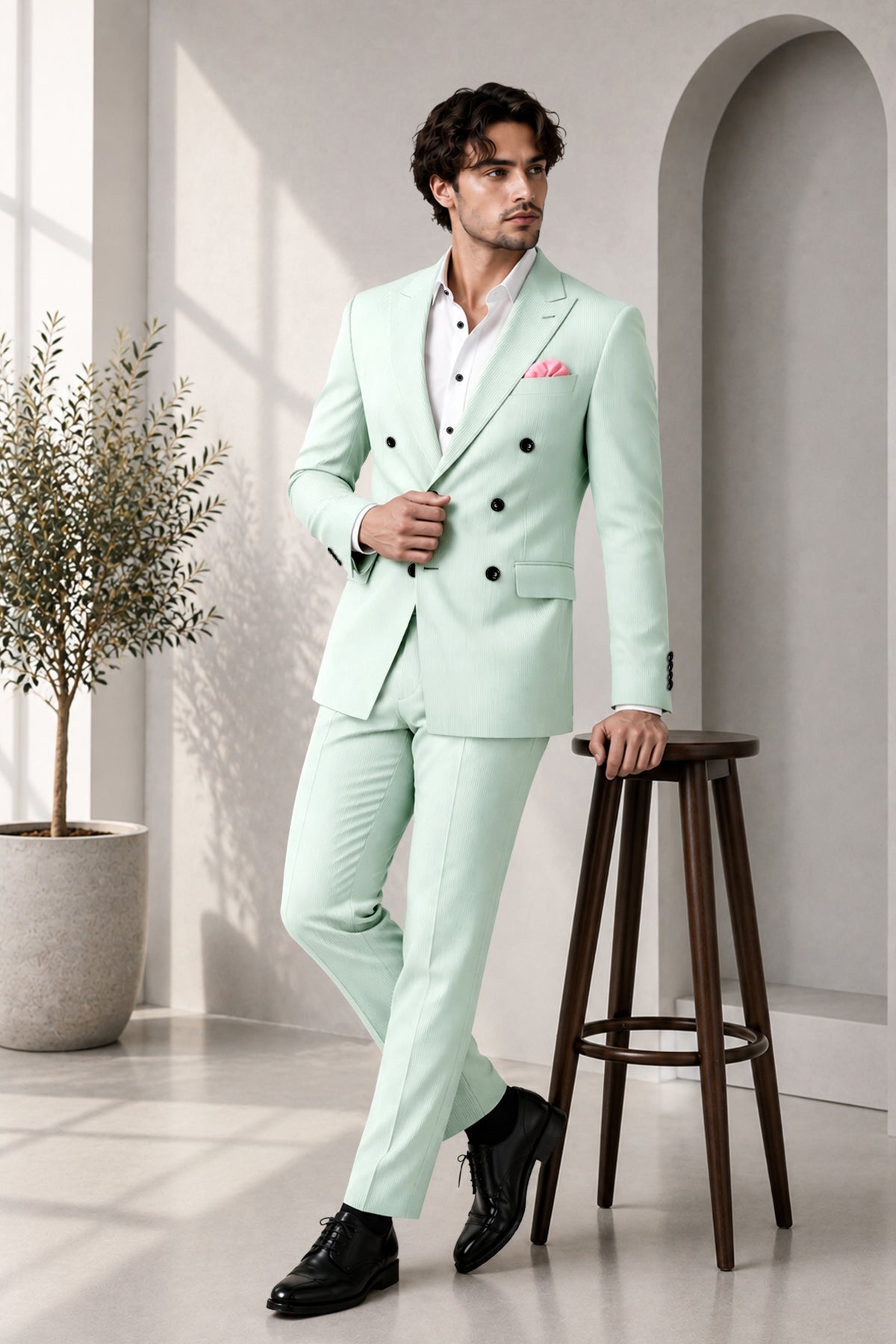 Viridis-Pumice Green Diamond Textured Wool Rich Slight Stretch Double Breasted Suit