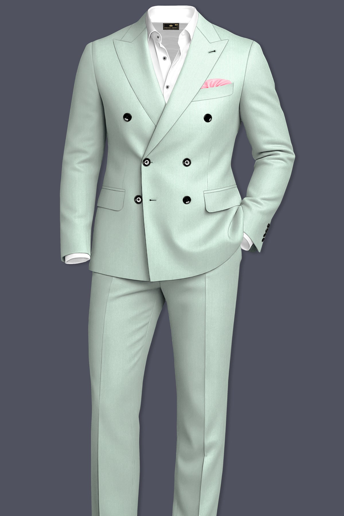 Viridis-Pumice Green Diamond Textured Wool Rich Slight Stretch Double Breasted Suit