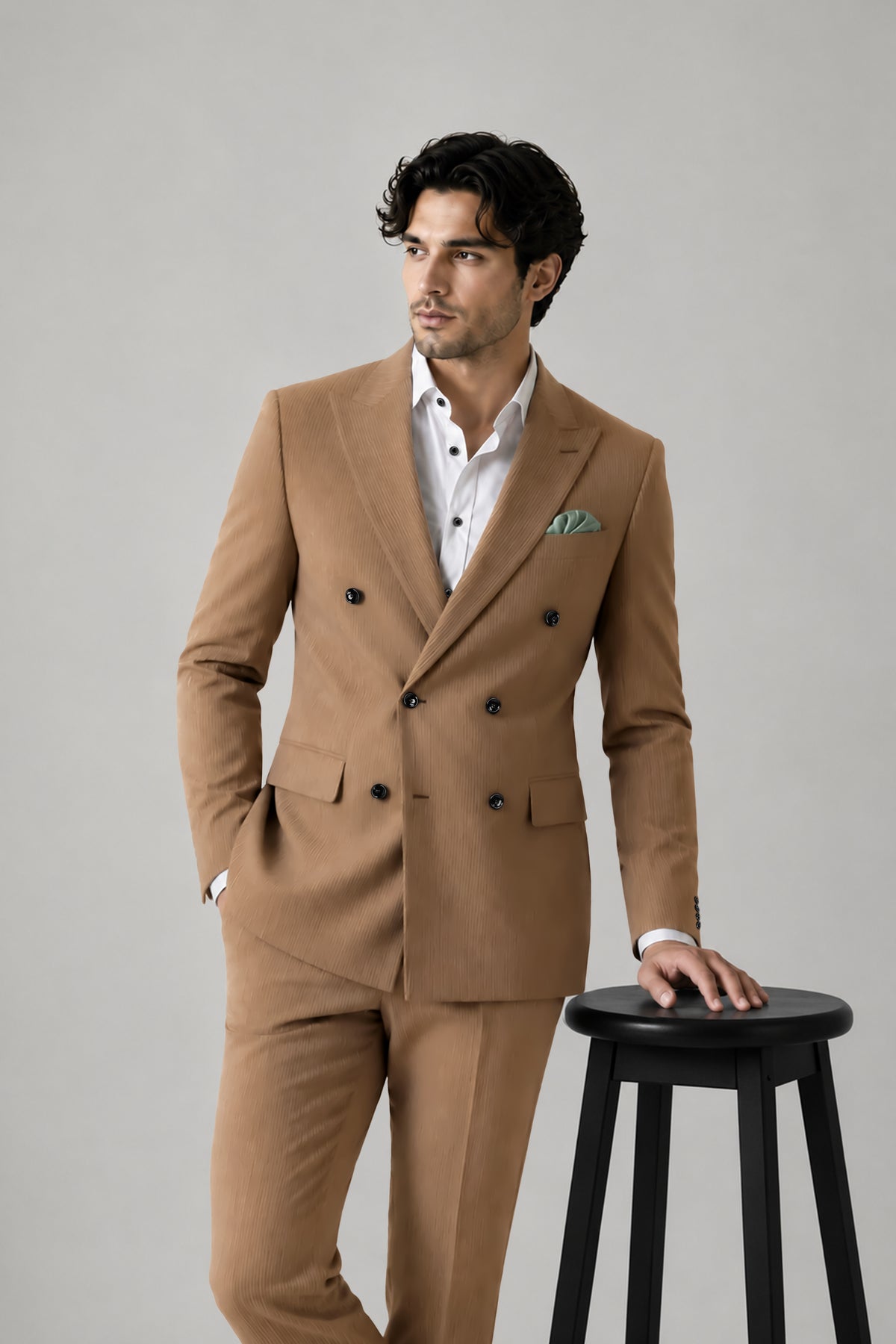 Weston-Millbrook Brown Diamond Textured Wool Rich Slight Stretch Double Breasted Suit