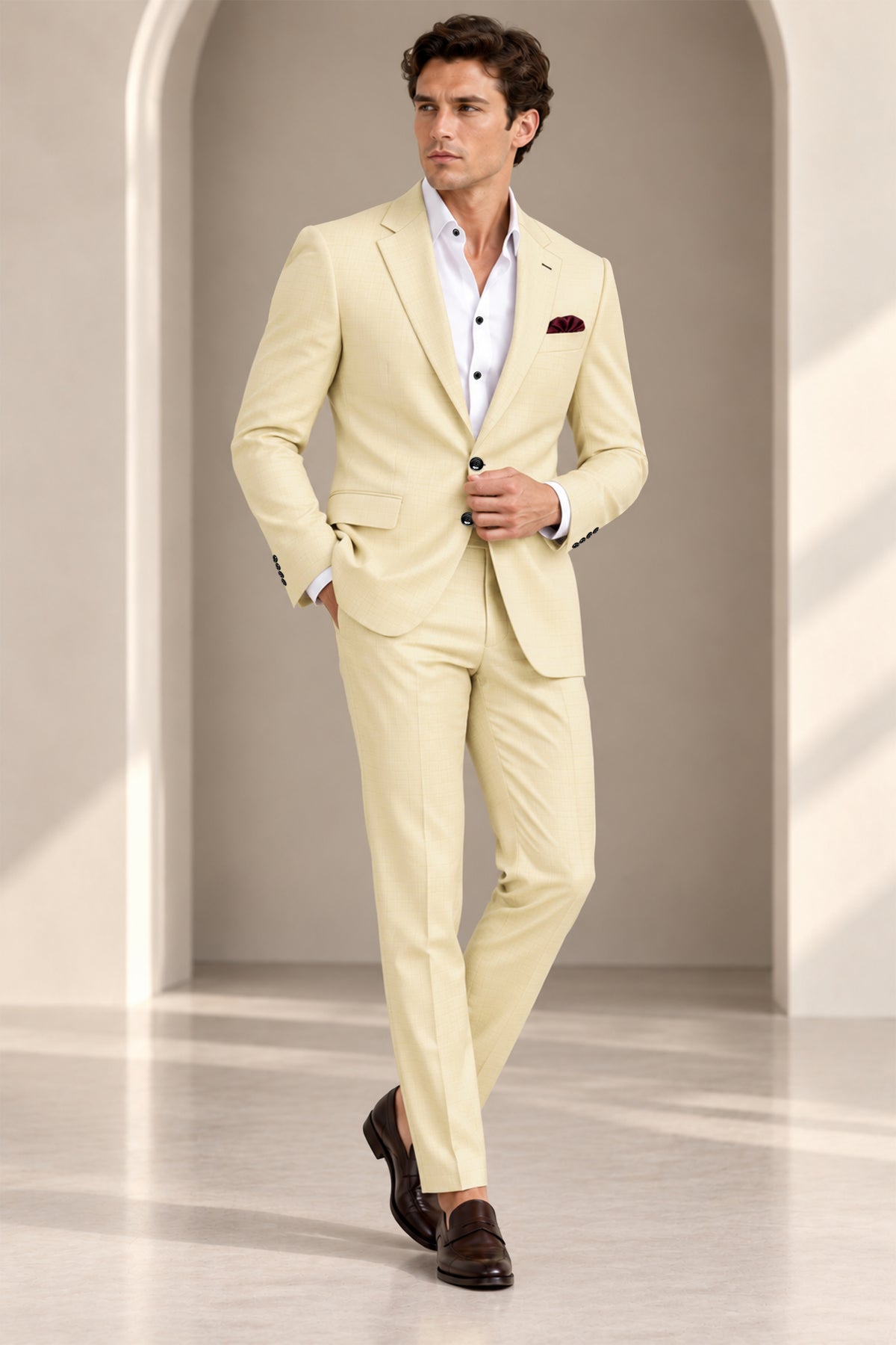Lumine-Bavarian Cream Diamond Textured Wool Rich Slight Stretch Single Breasted Suit