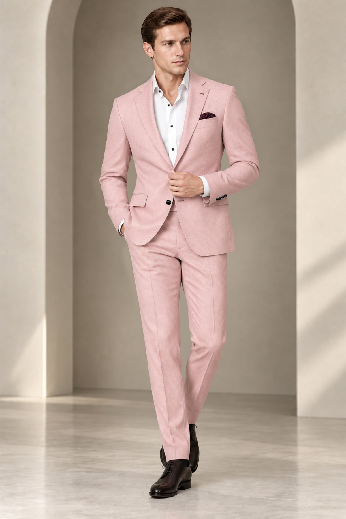 Blush-Cosmos Pink Diamond Textured Wool Rich Slight Stretch Single Breasted Suit