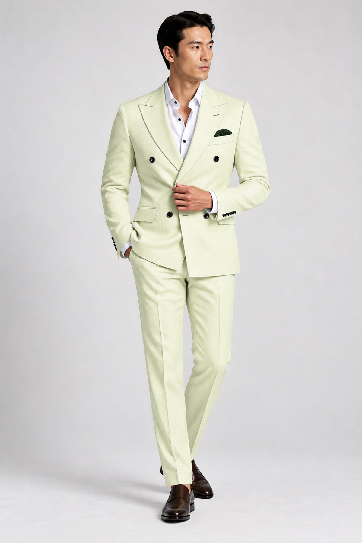 Verdant-Bud Green Diamond Textured Wool Rich Slight Stretch Double Breasted Suit