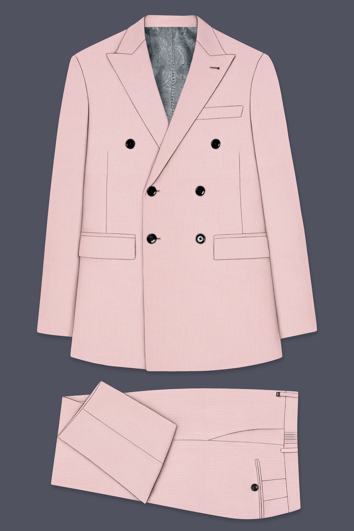 Blush-Cosmos Pink Diamond Textured Wool Rich Slight Stretch Double Breasted Suit