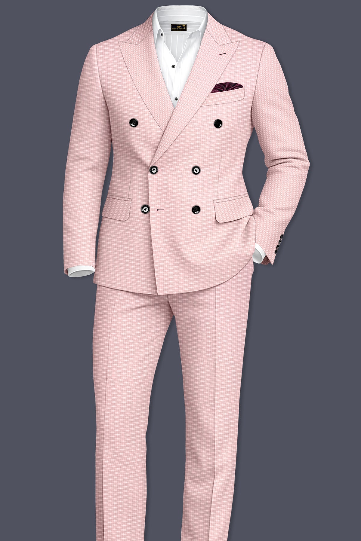 Blush-Cosmos Pink Diamond Textured Wool Rich Slight Stretch Double Breasted Suit
