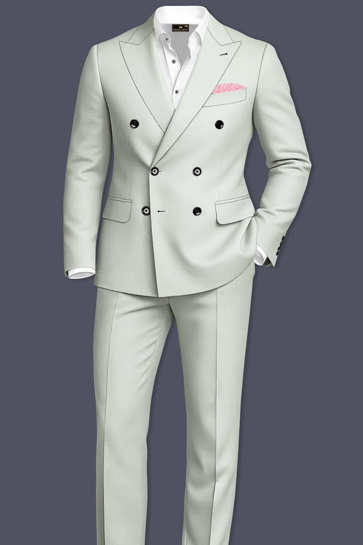 Cavell-Ash Gray Diamond Textured Wool Rich Slight Stretch Double Breasted Suit