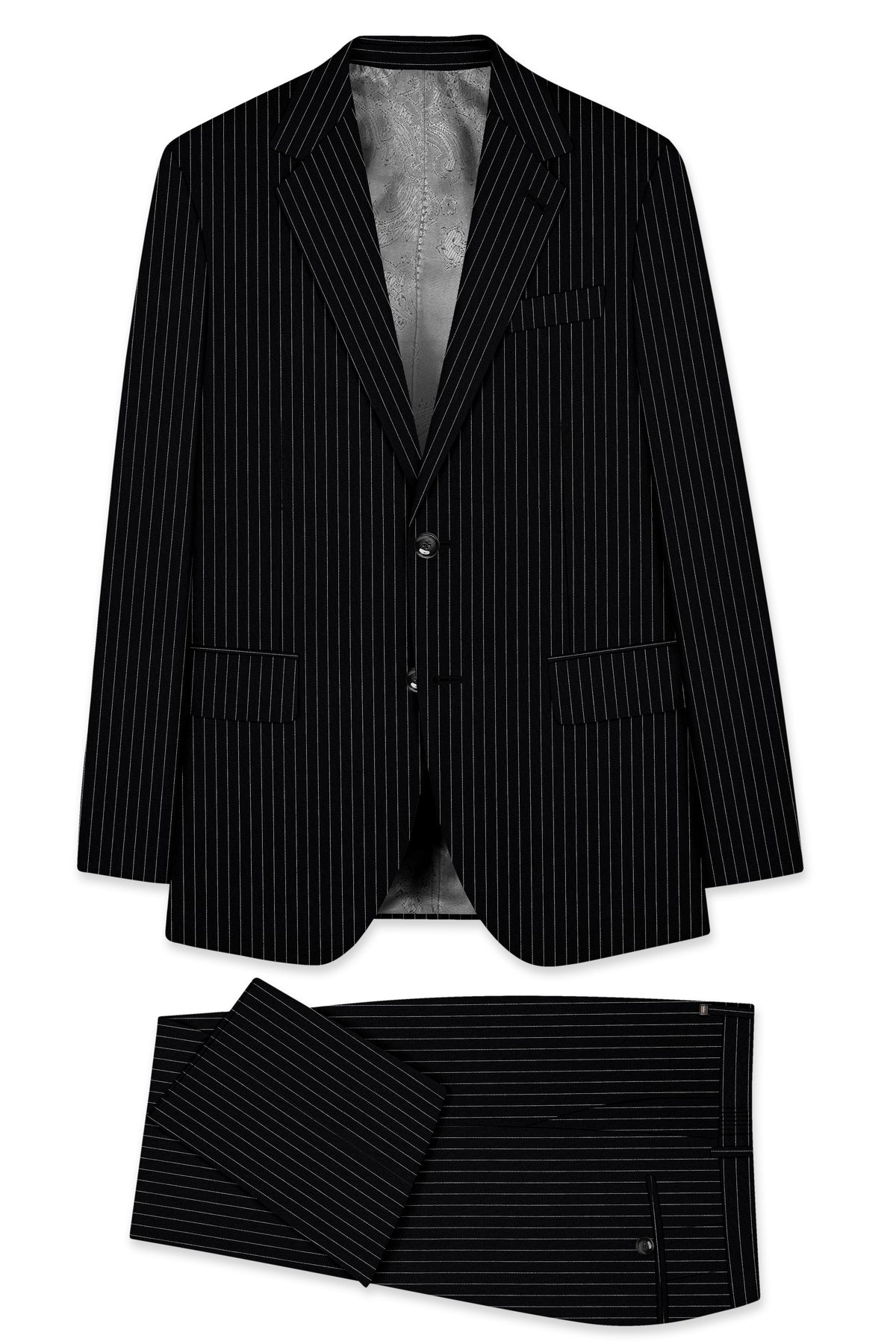 Noble-Jade Black Chalk Striped Wool Rich Wrinkle-Free Fluid Drape Fabric Single Breasted Suit