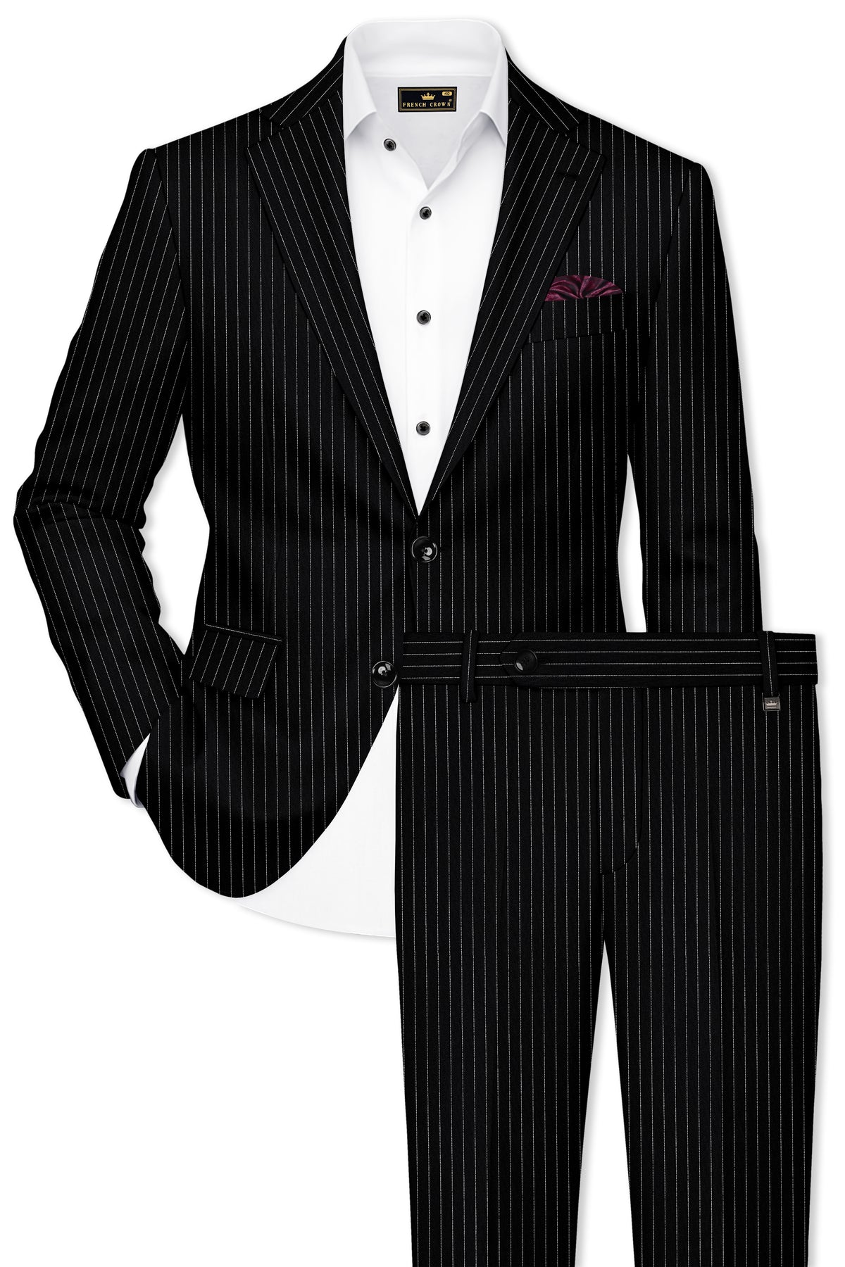 Noble-Jade Black Chalk Striped Wool Rich Wrinkle-Free Fluid Drape Fabric Single Breasted Suit