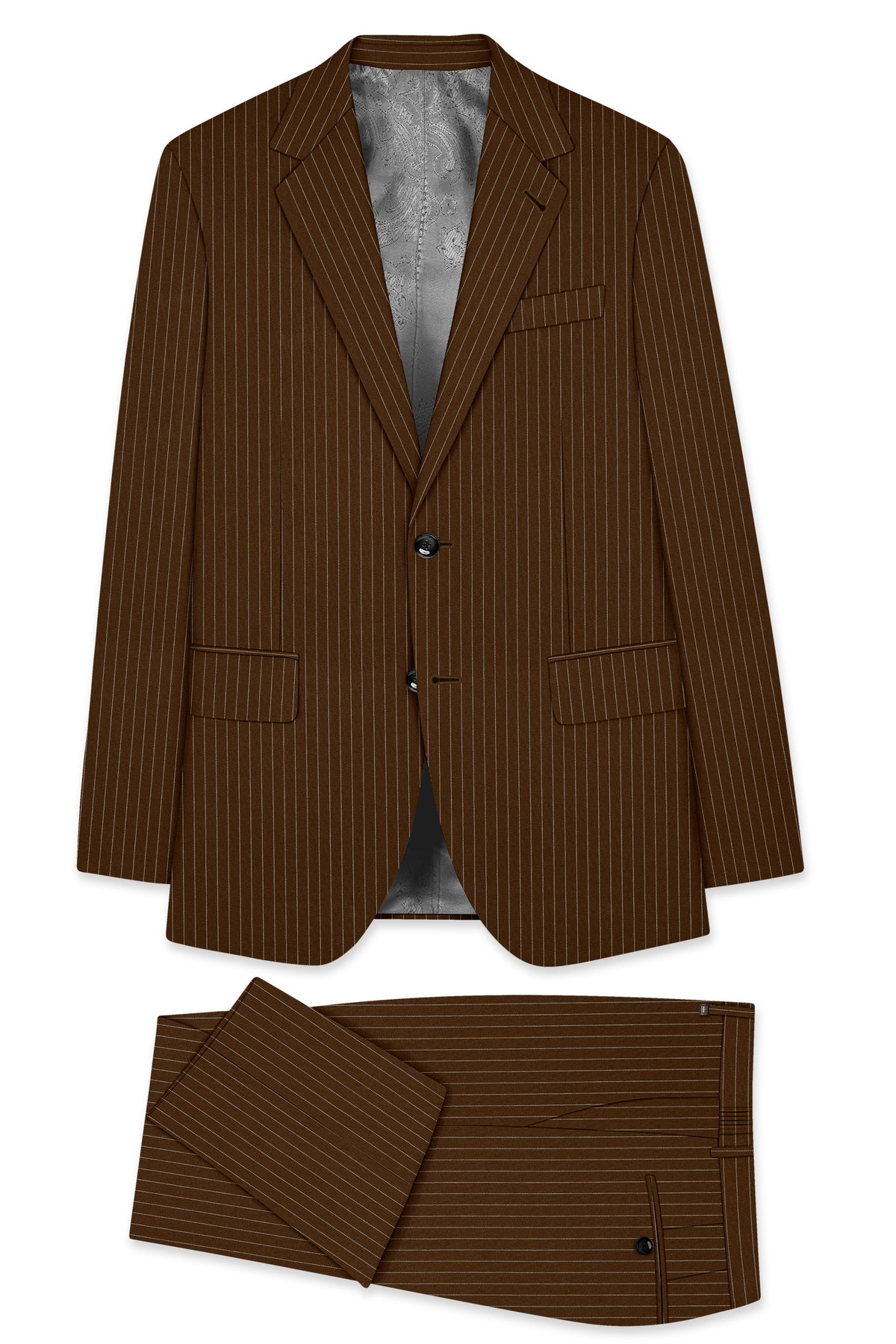 Everton-Clinker Brown Chalk Striped Wool Rich Wrinkle-Free Fluid Drape Fabric Single Breasted Suit