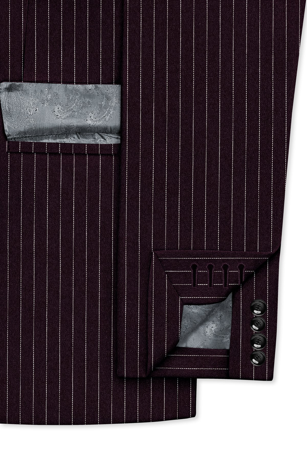 Vesper-Gondola Maroon Chalk Striped Wool Rich Wrinkle-Free Fluid Drape Fabric Double Breasted Suit