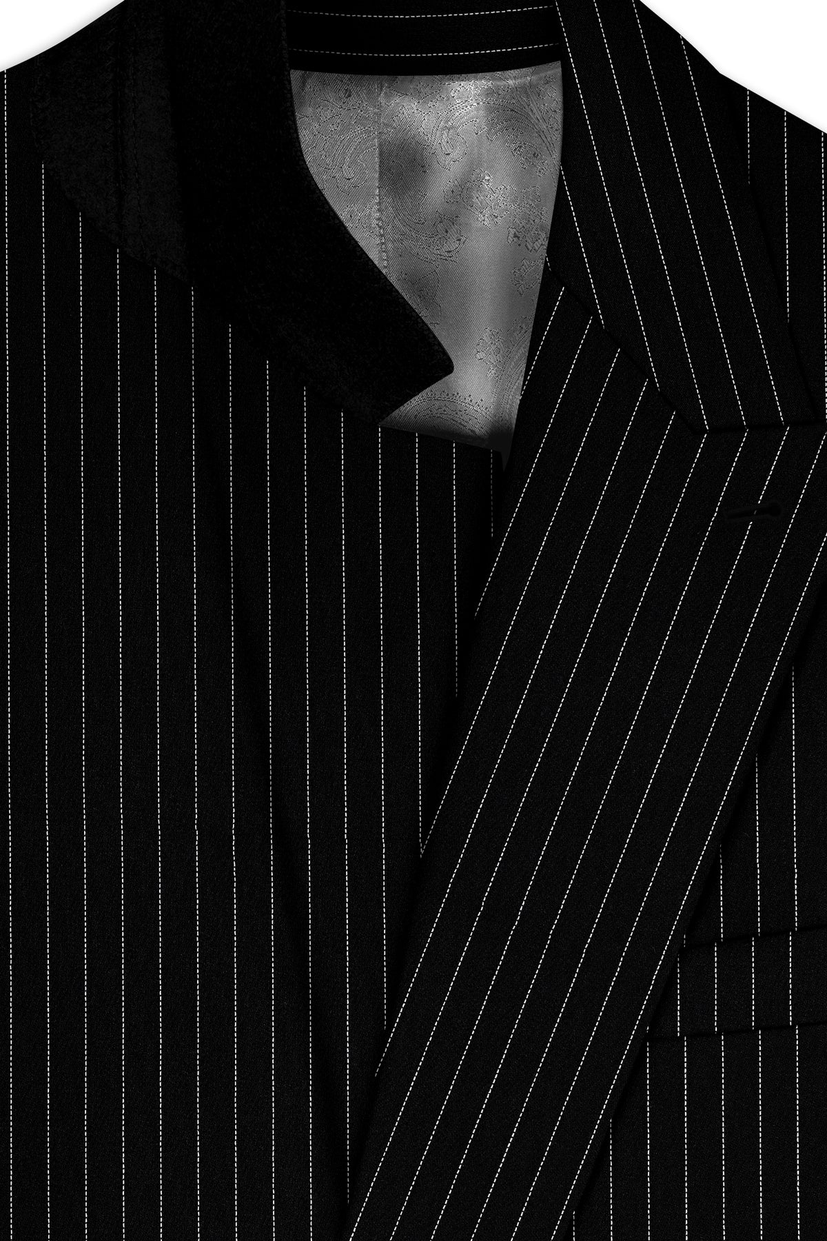 Noble-Jade Black Chalk Striped Wool Rich Wrinkle-Free Fluid Drape Fabric Double Breasted Suit