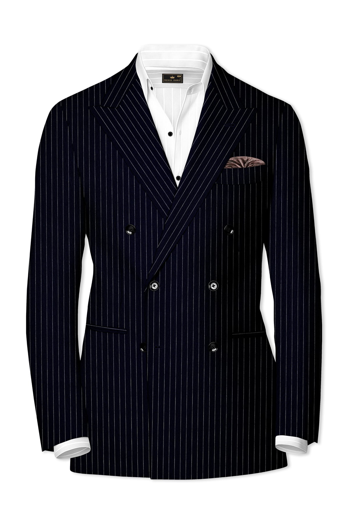 Windsor-Navy Blue Chalk Striped Wool Rich Wrinkle-Free Fluid Drape Fabric Double Breasted Suit