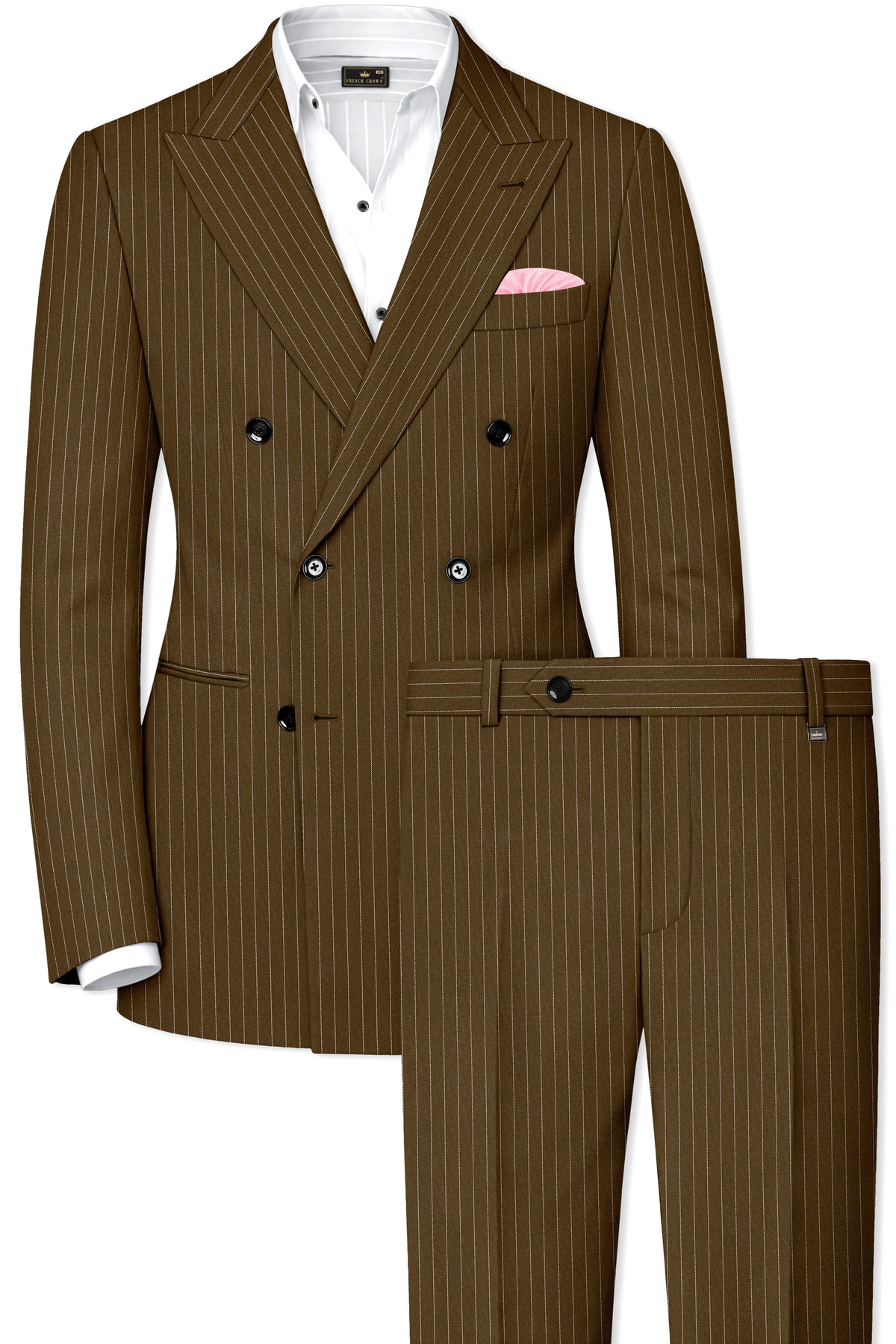 Sable-Antique Brown Chalk Striped Wool Rich Wrinkle-Free Fluid Drape Fabric Double Breasted Suit