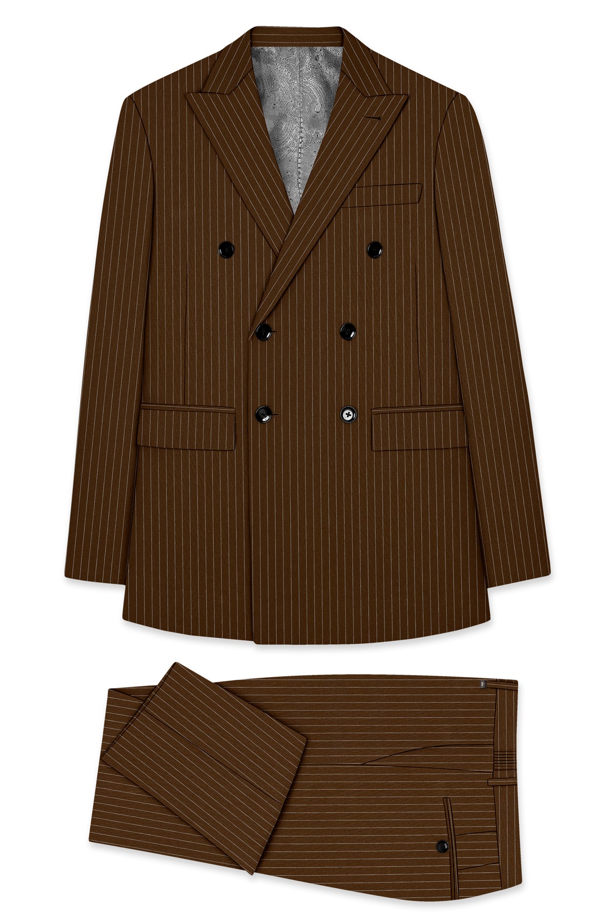 Everton-Clinker Brown Chalk Striped Wool Rich Wrinkle-Free Fluid Drape Fabric Double Breasted Suit