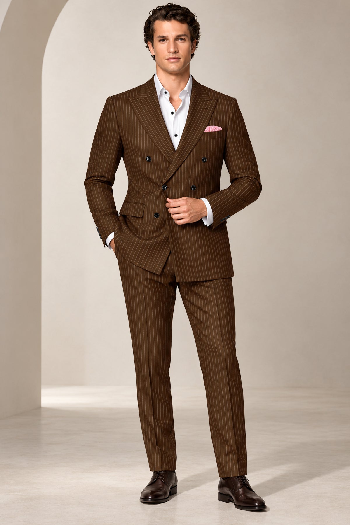 Everton-Clinker Brown Chalk Striped Wool Rich Wrinkle-Free Fluid Drape Fabric Double Breasted Suit