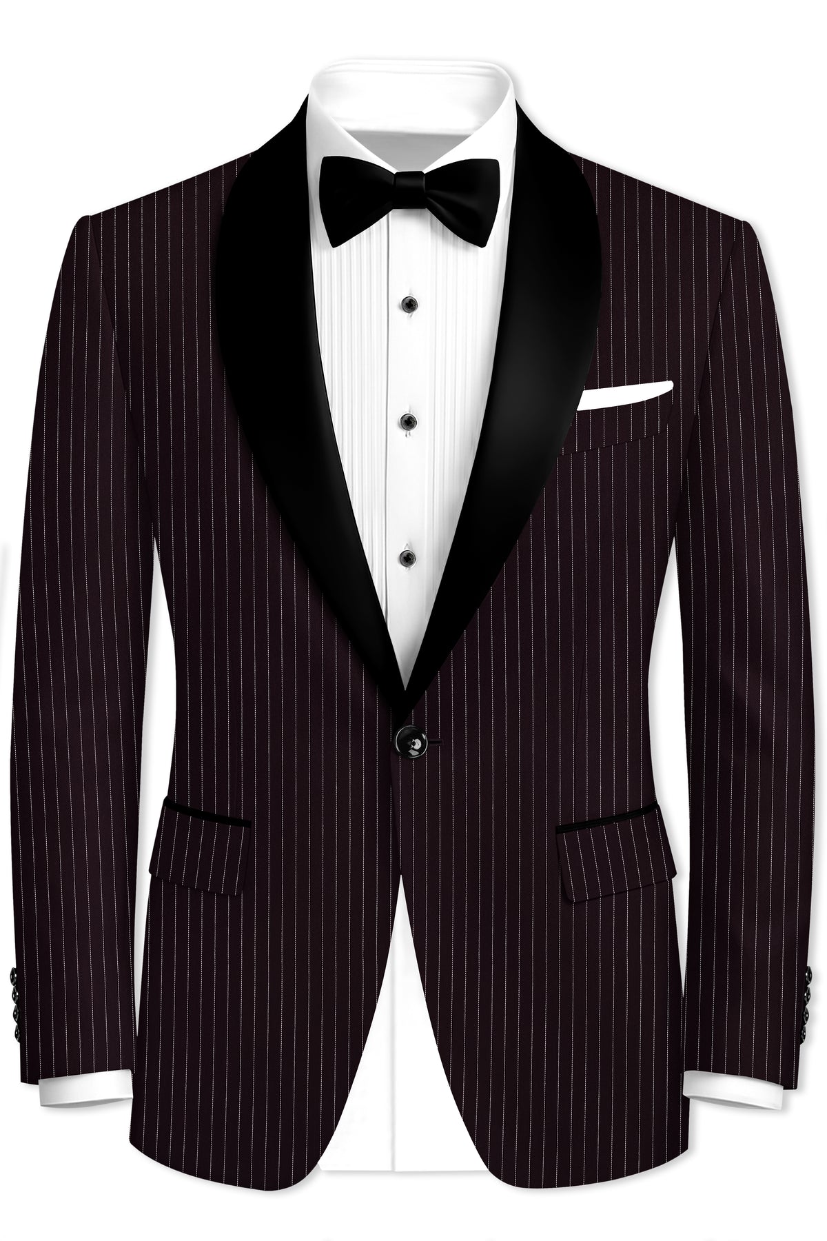 Vesper-Gondola Maroon Chalk Striped Wool Rich Wrinkle-Free Fluid Drape Fabric Tuxedo Suit