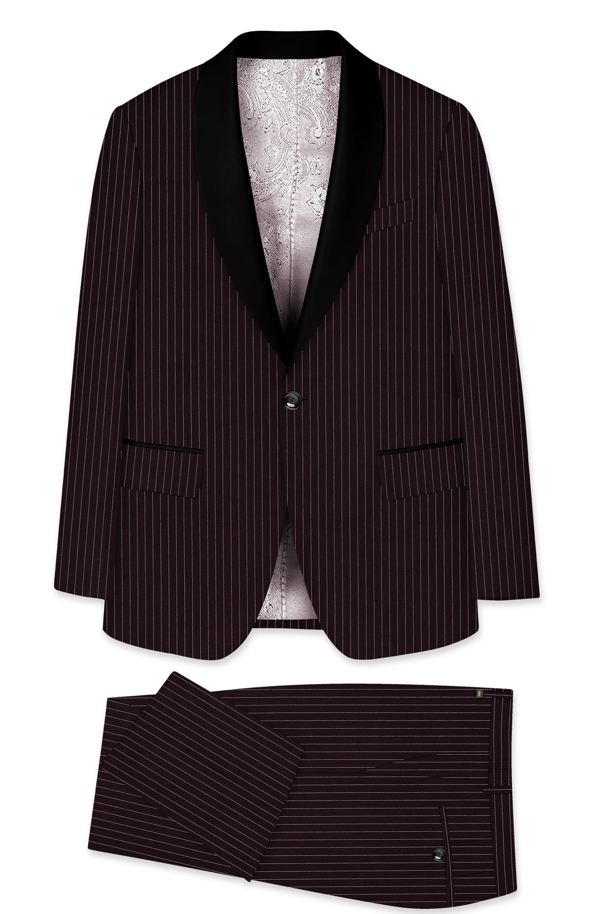 Vesper-Gondola Maroon Chalk Striped Wool Rich Wrinkle-Free Fluid Drape Fabric Tuxedo Suit