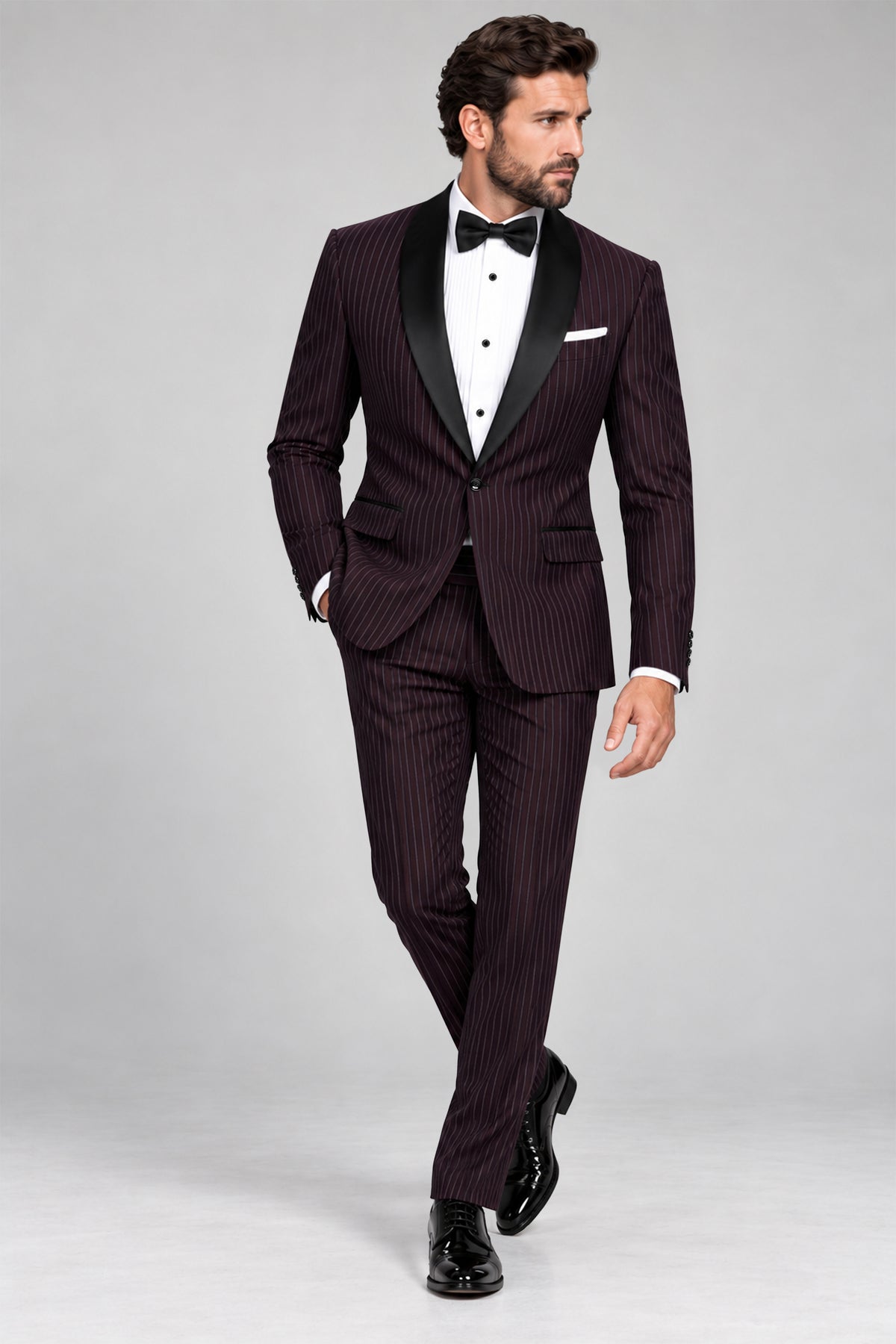 Vesper-Gondola Maroon Chalk Striped Wool Rich Wrinkle-Free Fluid Drape Fabric Tuxedo Suit