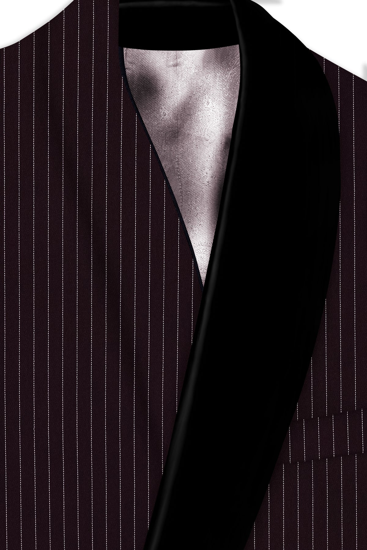 Vesper-Gondola Maroon Chalk Striped Wool Rich Wrinkle-Free Fluid Drape Fabric Tuxedo Suit