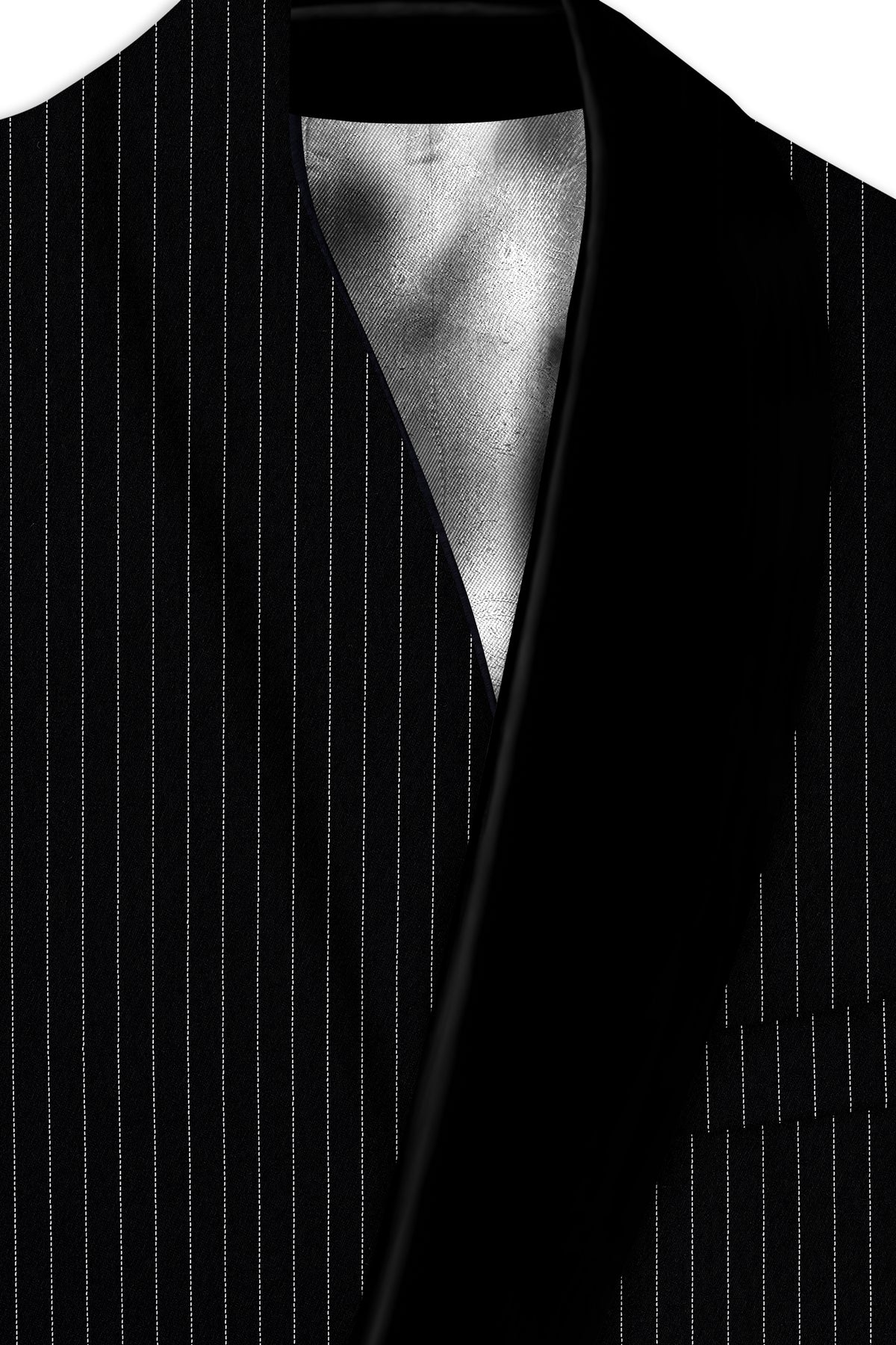 Noble-Jade Black Chalk Striped Wool Rich Wrinkle-Free Fluid Drape Fabric Tuxedo Suit