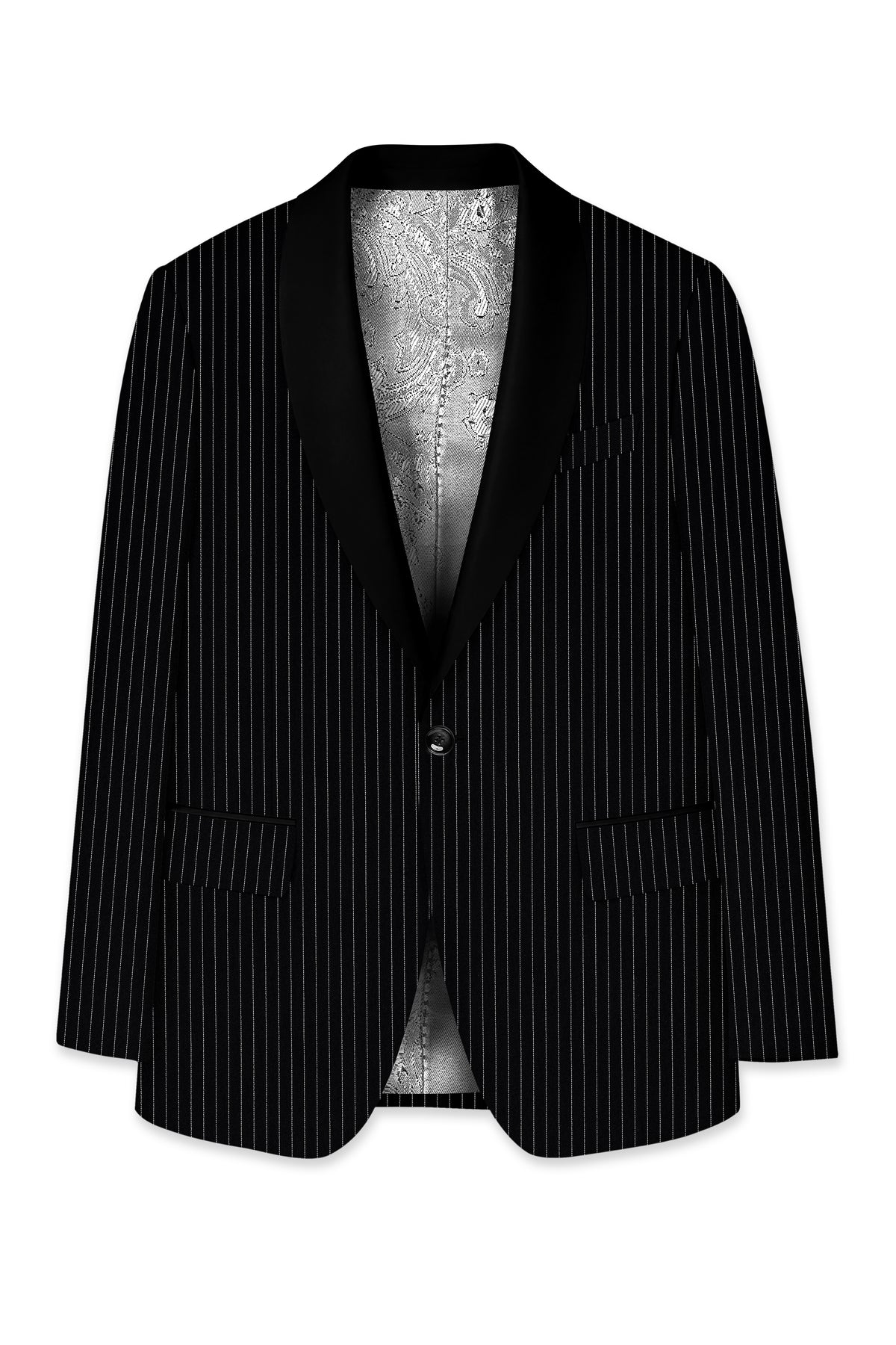 Noble-Jade Black Chalk Striped Wool Rich Wrinkle-Free Fluid Drape Fabric Tuxedo Suit