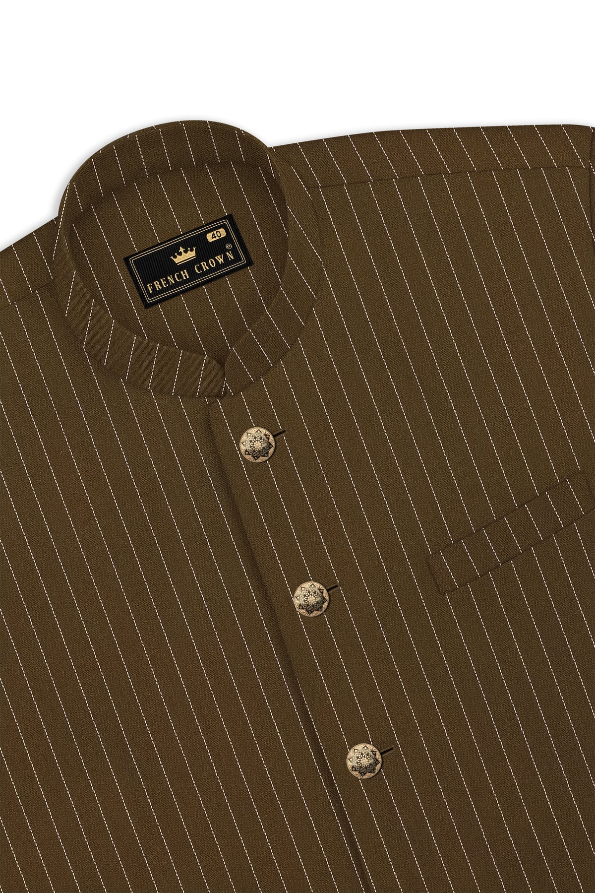 Sable-Antique Brown Chalk Striped Wool Rich Wrinkle-Free Fluid Drape Fabric Cross Bandhgala Suit
