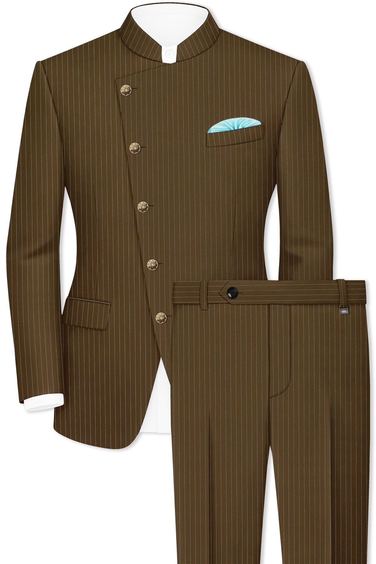 Sable-Antique Brown Chalk Striped Wool Rich Wrinkle-Free Fluid Drape Fabric Cross Bandhgala Suit