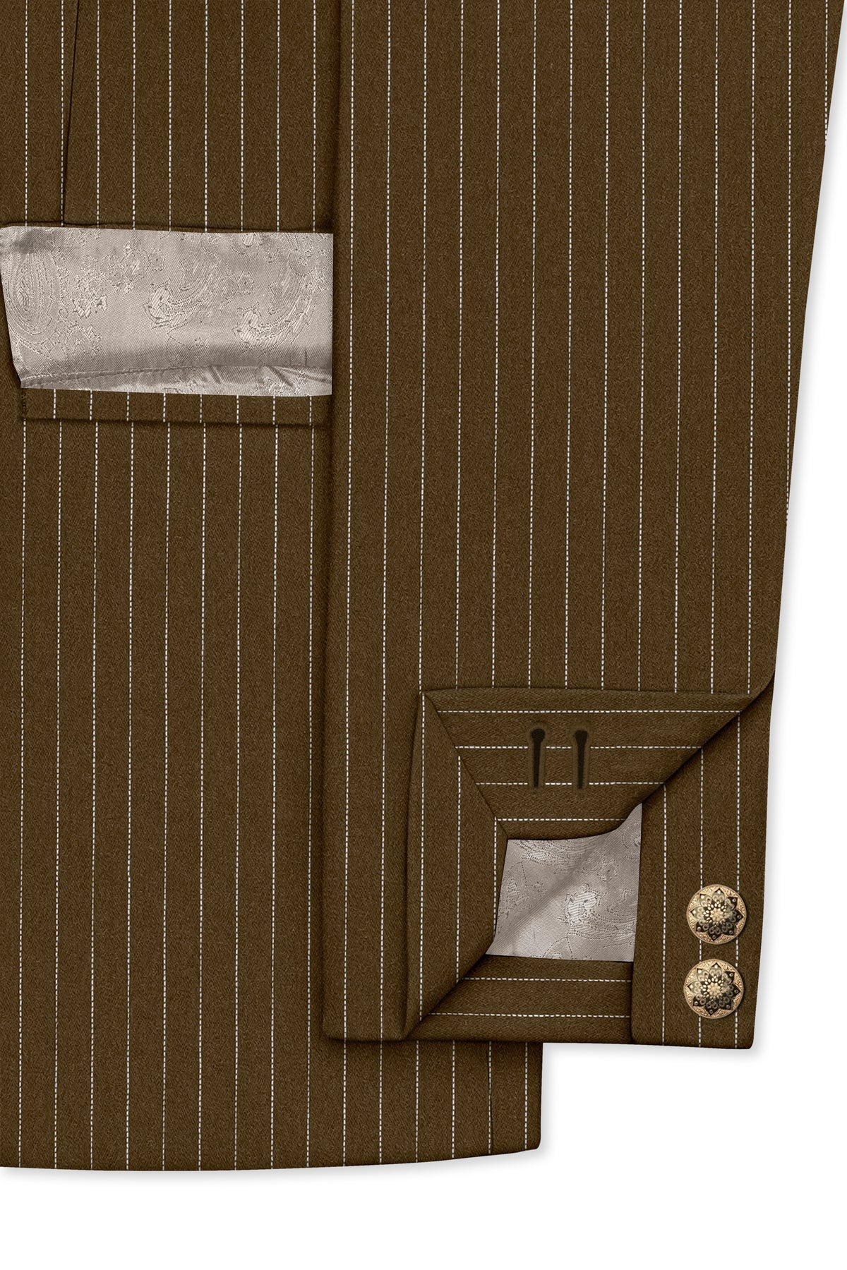 Sable-Antique Brown Chalk Striped Wool Rich Wrinkle-Free Fluid Drape Fabric Cross Bandhgala Suit