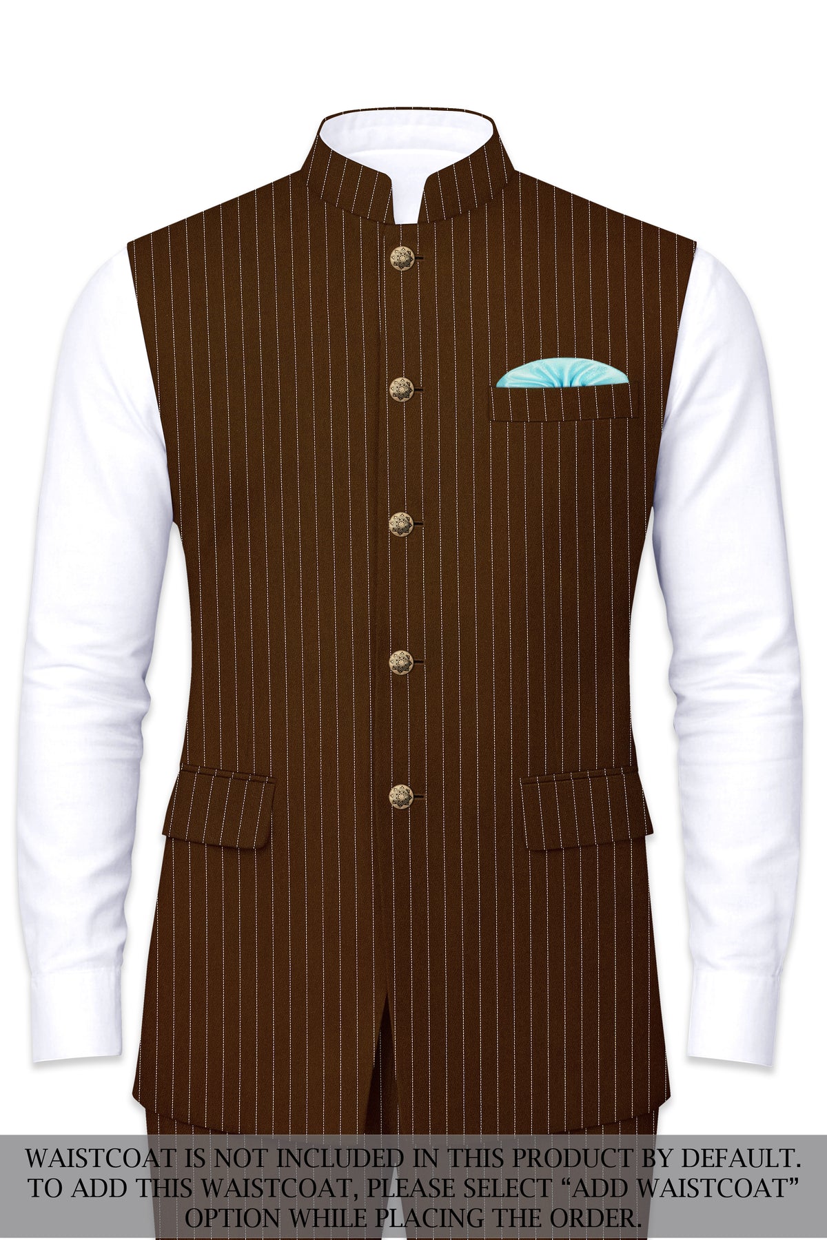 Everton-Clinker Brown Chalk Striped Wool Rich Wrinkle-Free Fluid Drape Fabric Cross Bandhgala Suit