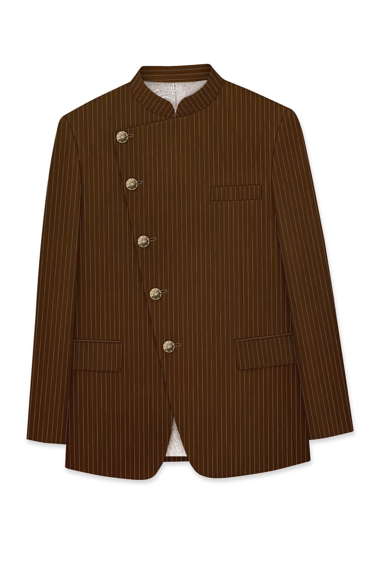 Everton-Clinker Brown Chalk Striped Wool Rich Wrinkle-Free Fluid Drape Fabric Cross Bandhgala Suit