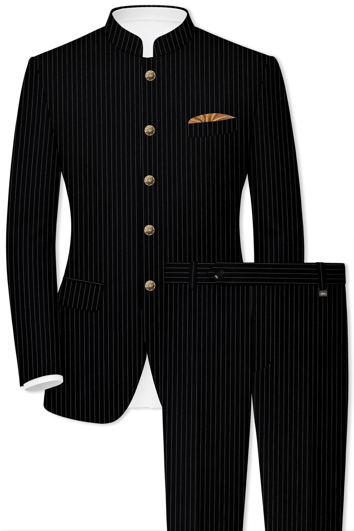 Noble-Jade Black Chalk Striped Wool Rich Wrinkle-Free Fluid Drape Fabric Bandhgala Suit