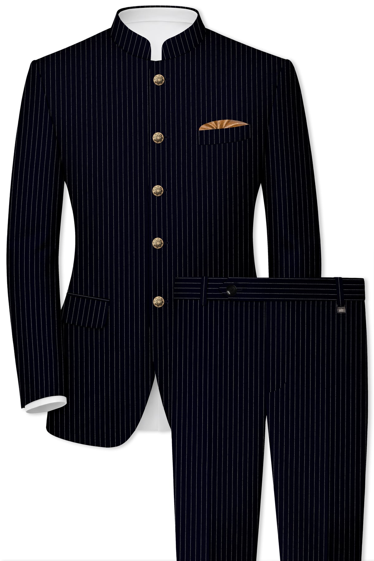 Windsor-Navy Blue Chalk Striped Wool Rich Wrinkle-Free Fluid Drape Fabric Bandhgala Suit