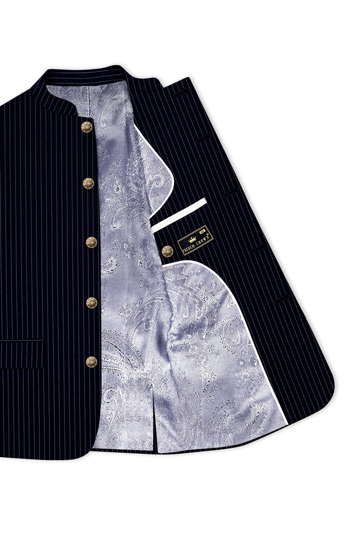 Windsor-Navy Blue Chalk Striped Wool Rich Wrinkle-Free Fluid Drape Fabric Bandhgala Suit