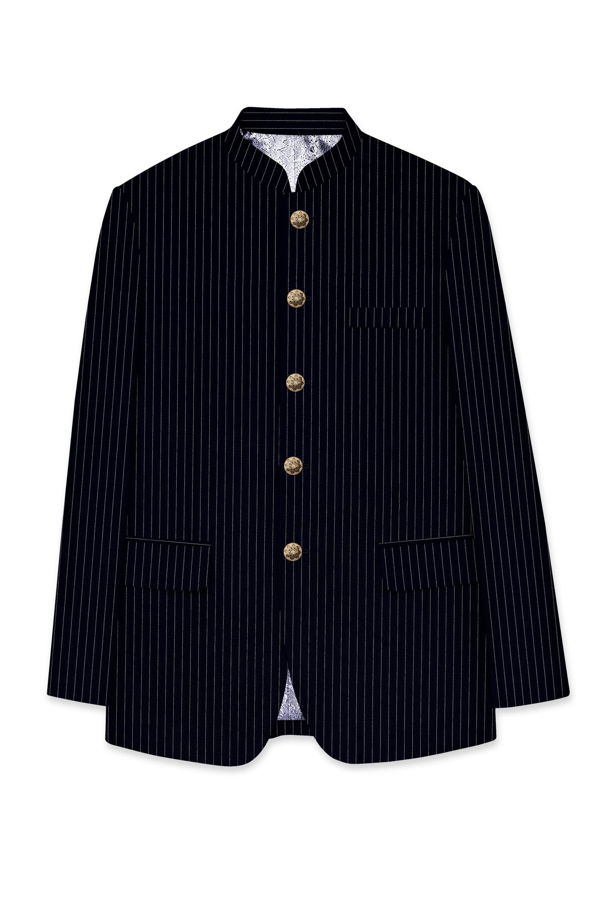 Windsor-Navy Blue Chalk Striped Wool Rich Wrinkle-Free Fluid Drape Fabric Bandhgala Suit