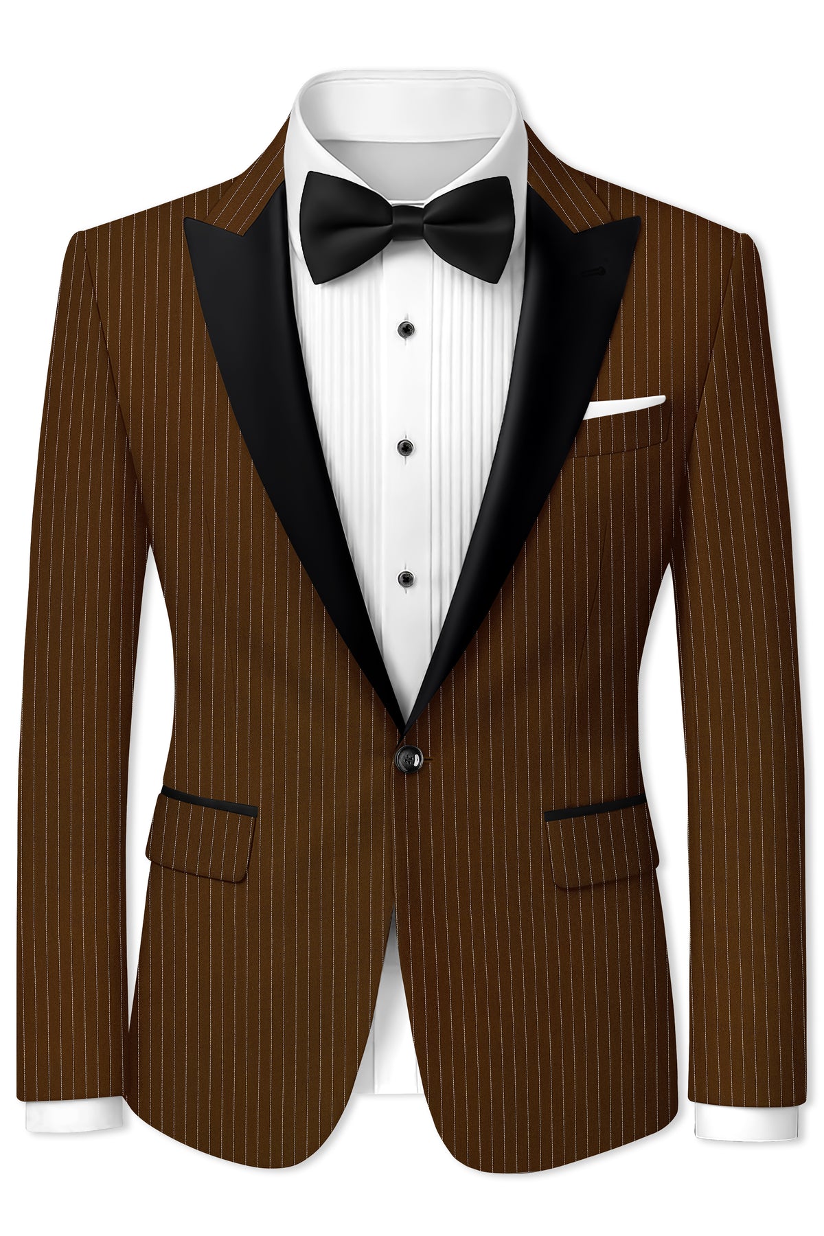 Everton-Clinker Brown Chalk Striped Wool Rich Wrinkle-Free Fluid Drape Fabric Peak Lapel Tuxedo Suit