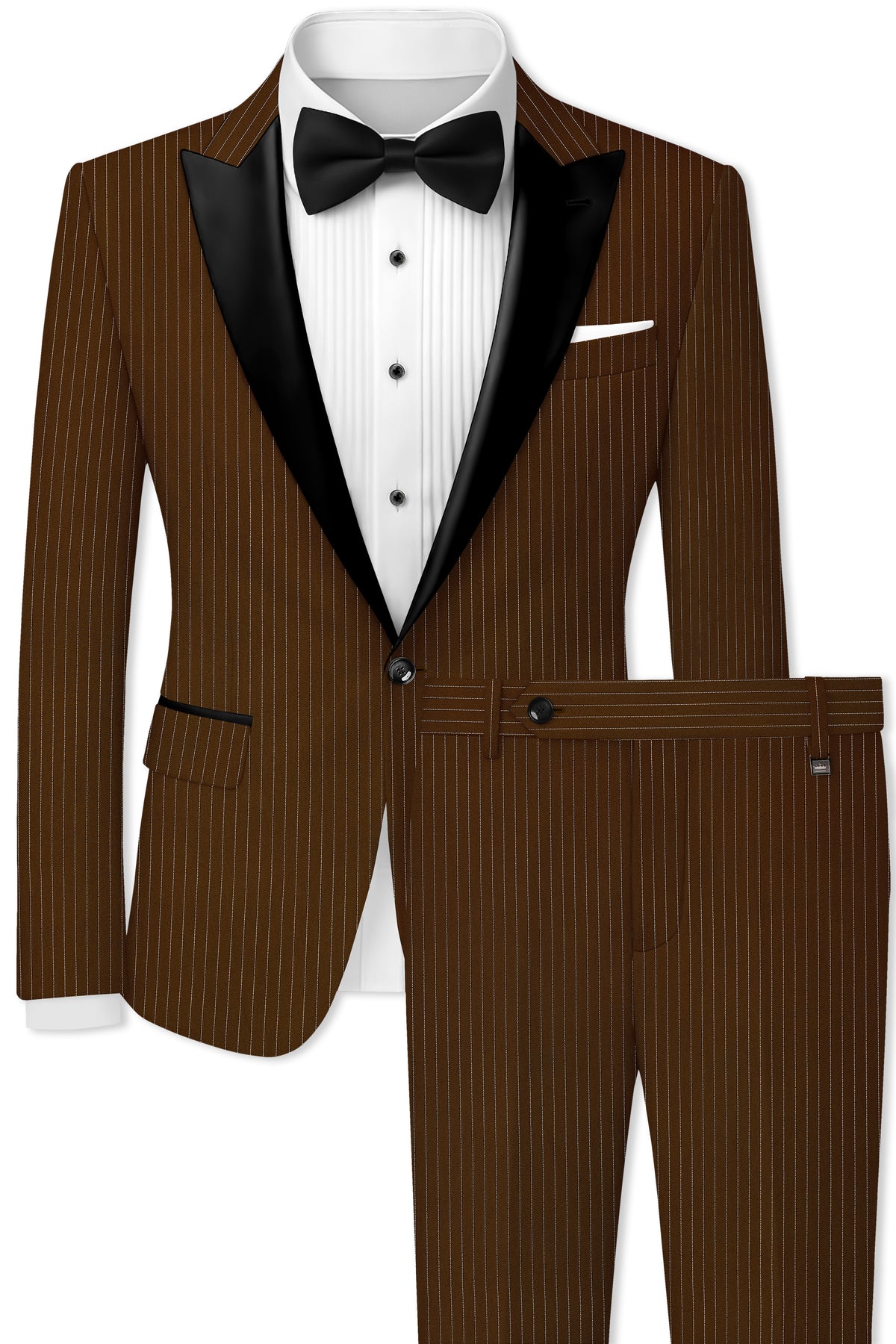 Everton-Clinker Brown Chalk Striped Wool Rich Wrinkle-Free Fluid Drape Fabric Peak Lapel Tuxedo Suit